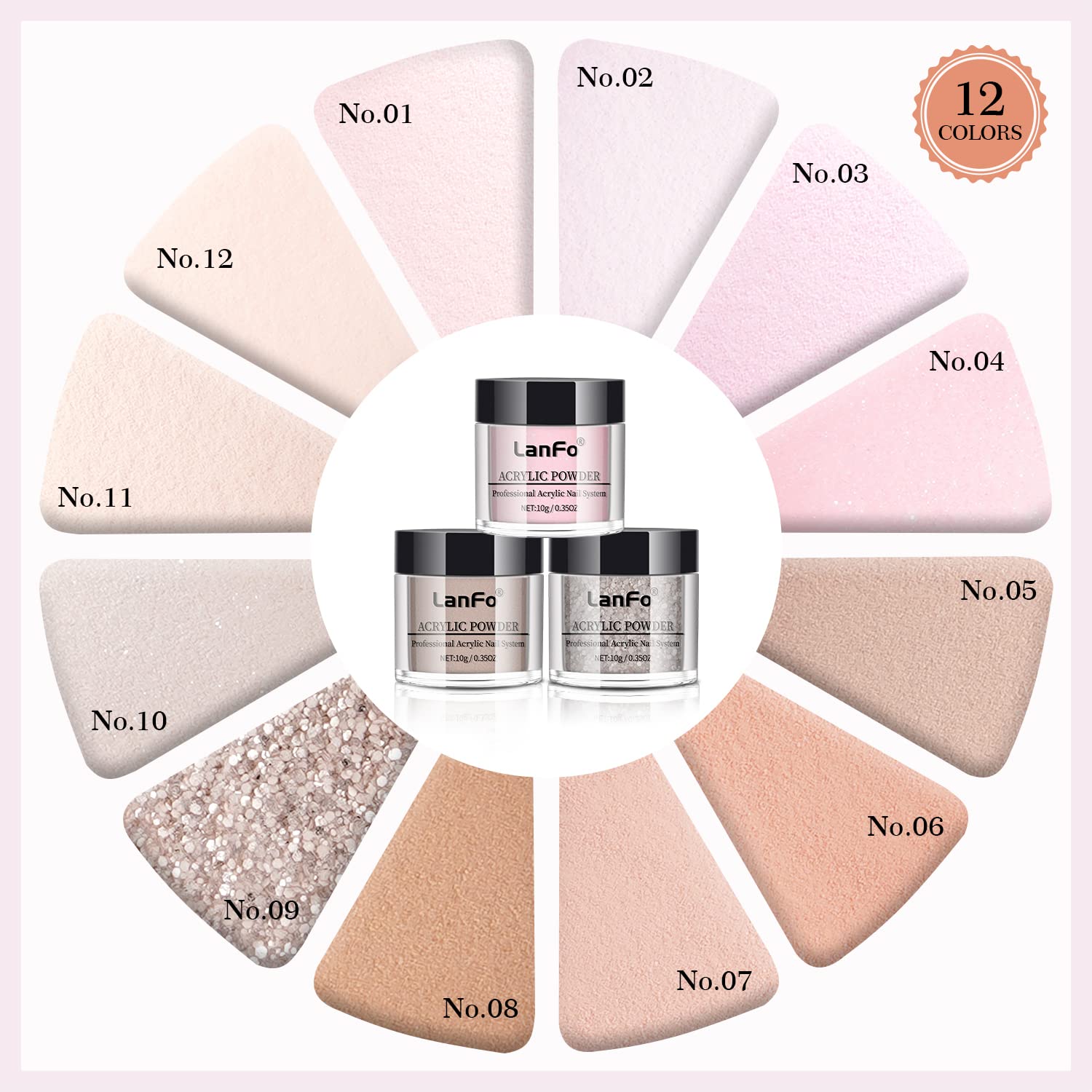 LanFo Juego de polvos acrílicos de 12 colores para uñas, polvo acrílico rosa, marrón, brillantina, polvo acrílico profesional, extensión de polvo de