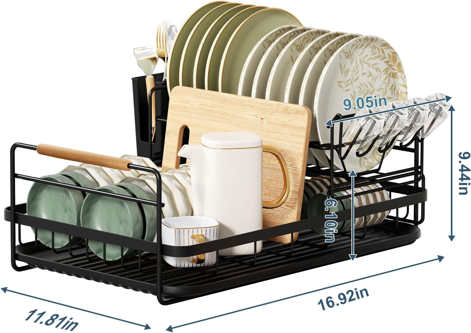 Escurridor de platos duradero de 2 niveles desmontable para encimera de cocina con soporte para cuchillos y portavasos, mango de madera,