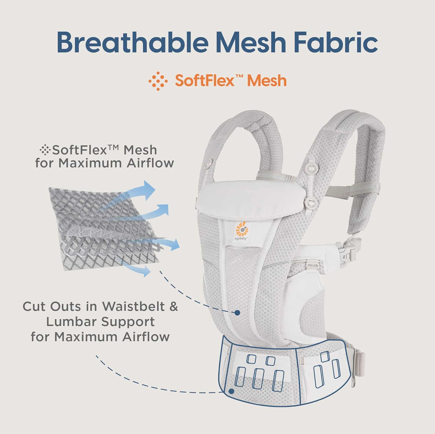 Ergobaby Omni Breeze – Portabebés de malla transpirable para recién nacidos a niños pequeños con soporte lumbar mejorado y flujo de aire (7-45