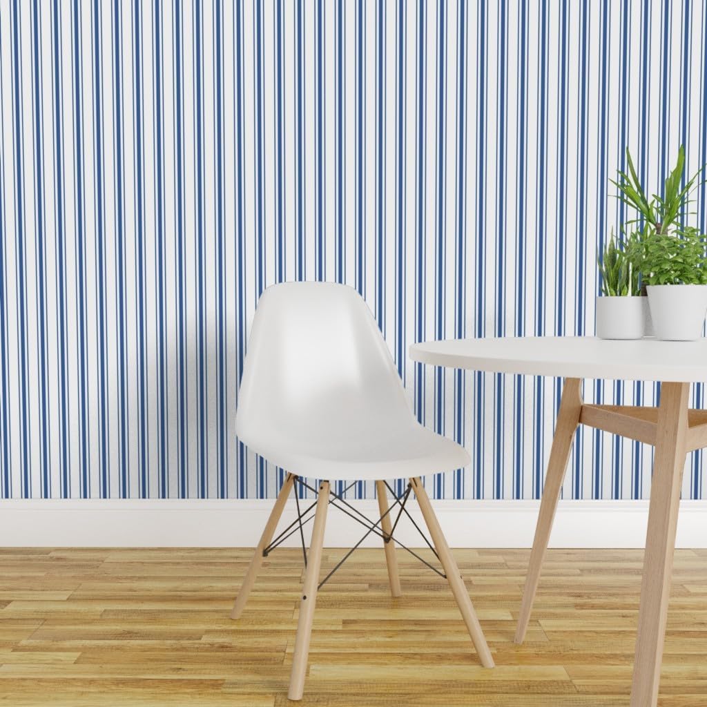 Spoonflower Removable Wallpaper 3ft x 2ft – French Ticking Stripes Striped Pattern Dark Blue White Farmhouse Custom Pre-Pasted Wallpaper