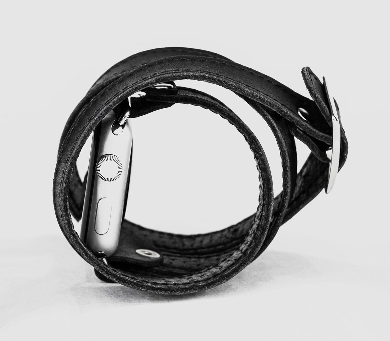 Leather double wrap band strap compatible with Apple watch 38mm 40mm 41mm 42mm 44mm 45mm 49mm, Handmade UA 1875st (black leather black thread