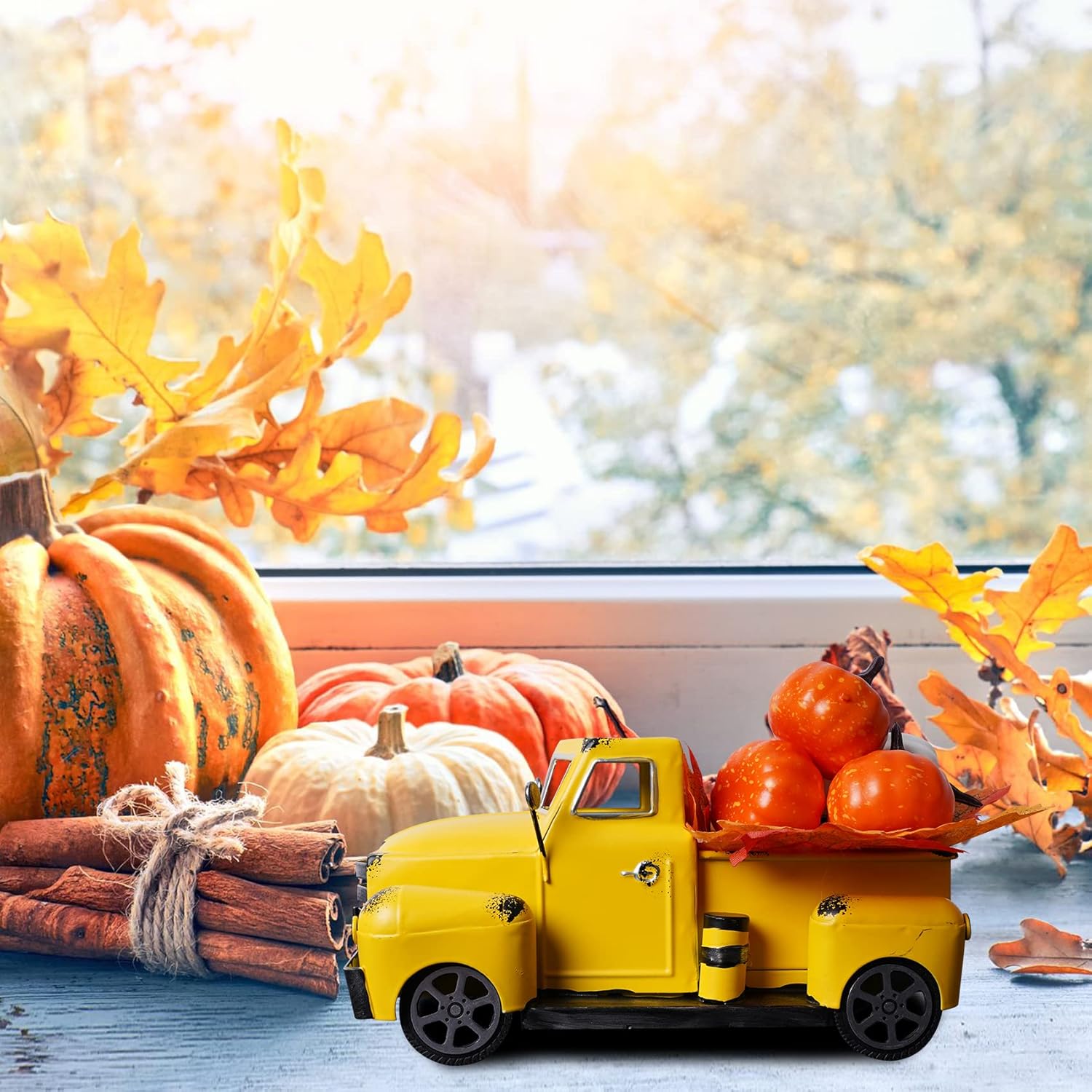 fztksmart Decoración de camión de otoño con hojas artificiales de calabaza y arce, centros de mesa de otoño para mesas, centros de mesa de cocina
