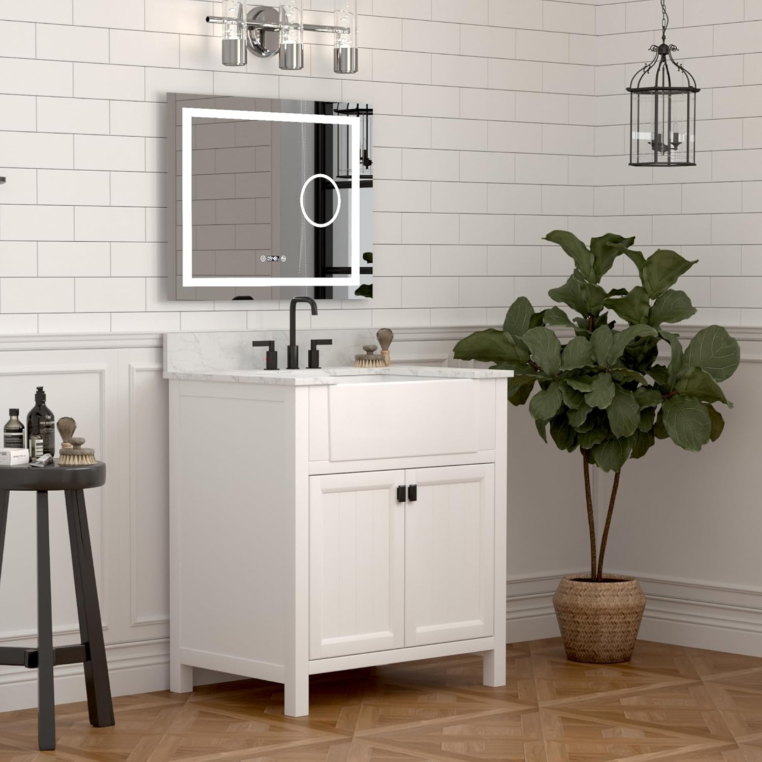Tocador de baño con lavabo de 30 pulgadas, combo de gabinete de lavabo de baño en blanco, tocador de almacenamiento moderno con puerta de cierre