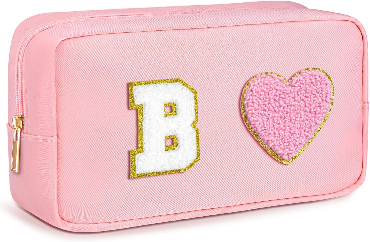 Neceser de cosméticos con letras de chenilla, bolsa de maquillaje inicial, bolsa de cosméticos de nailon impermeable, bolsa de maquillaje rosa,