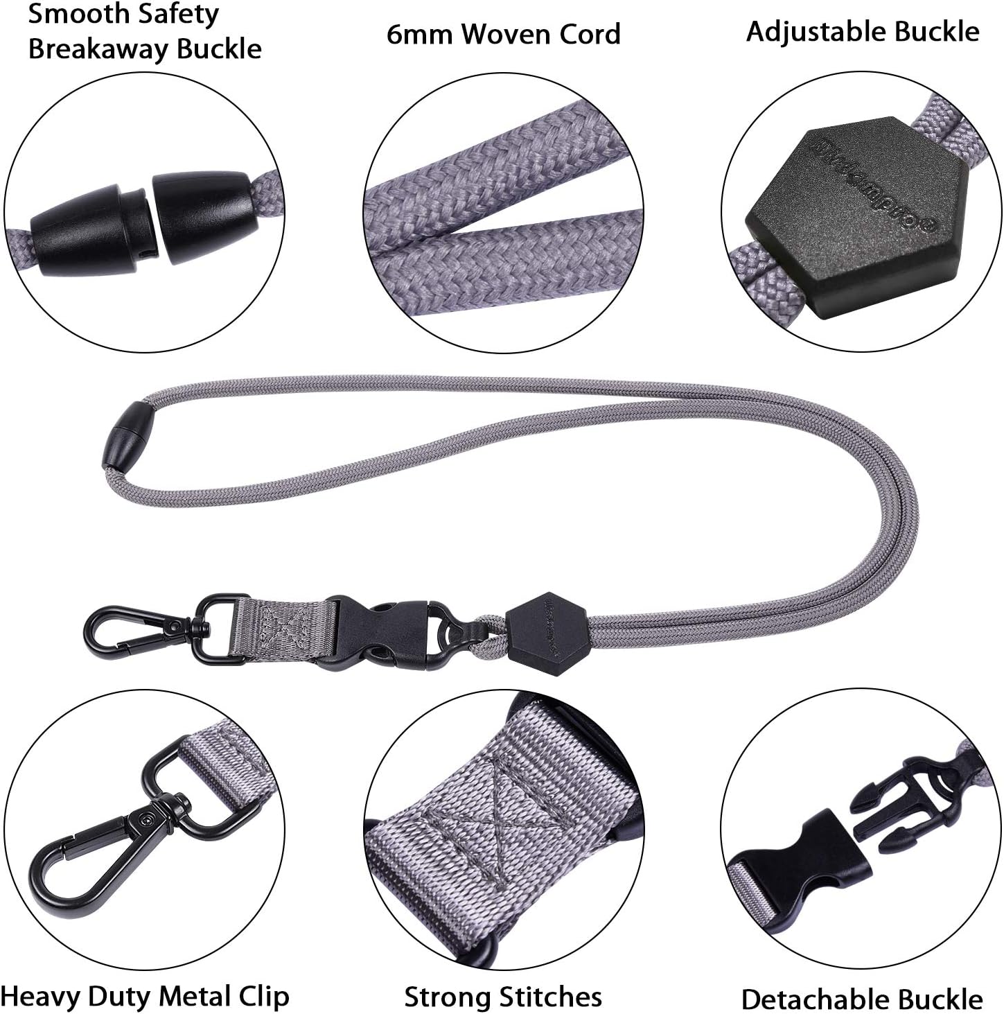 Wisdompro Paquete de 2 cordones redondos duraderos de 23 pulgadas con hebilla de seguridad, hebilla desmontable y gancho de metal para tarjetas de