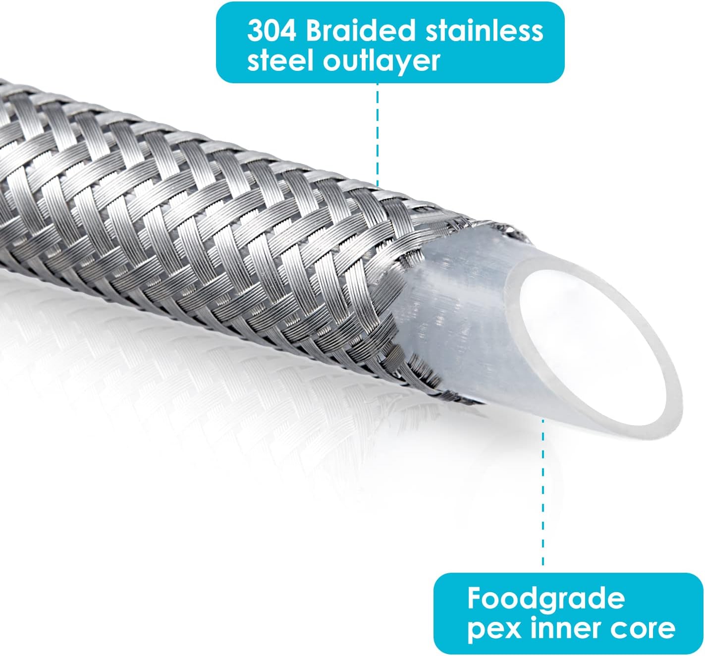 Línea de agua para refrigerador, manguera de agua trenzada de acero inoxidable de alta calidad de 10 pies + 20 pies, tubo interior PEX de grado