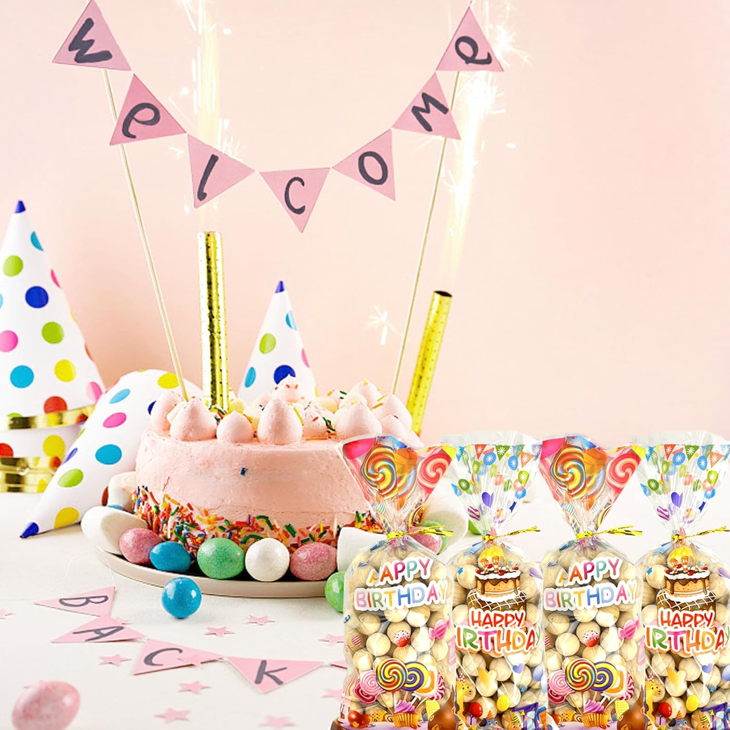 Paquete de 100 bolsas de celofán de cumpleaños para baby shower, bolsas de regalo con 100 lazos dorados para cumpleaños, baby showers, suministros
