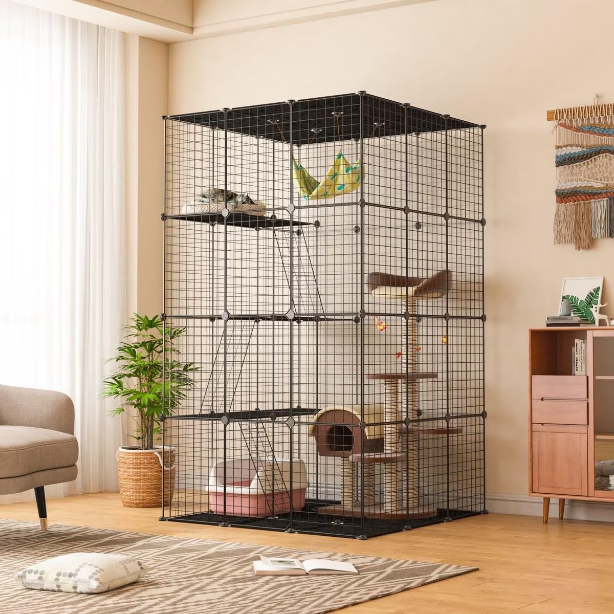 Jaula para gatos de 3 x 3 x 4 niveles, extra grande, para interiores, corralito de 42 x 42 x 72 pulgadas, jaula de alambre para mascotas con 3