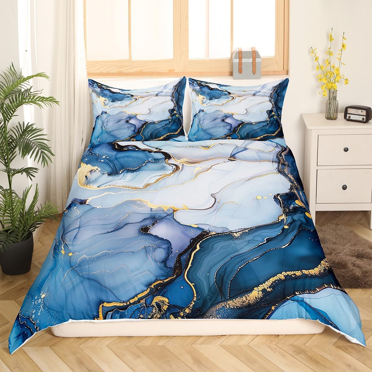 Erosebridal Juego de ropa de cama de mármol líquido azul aguamarina, funda de edredón con estampado de mármol con patrón de mármol abstracto, juego