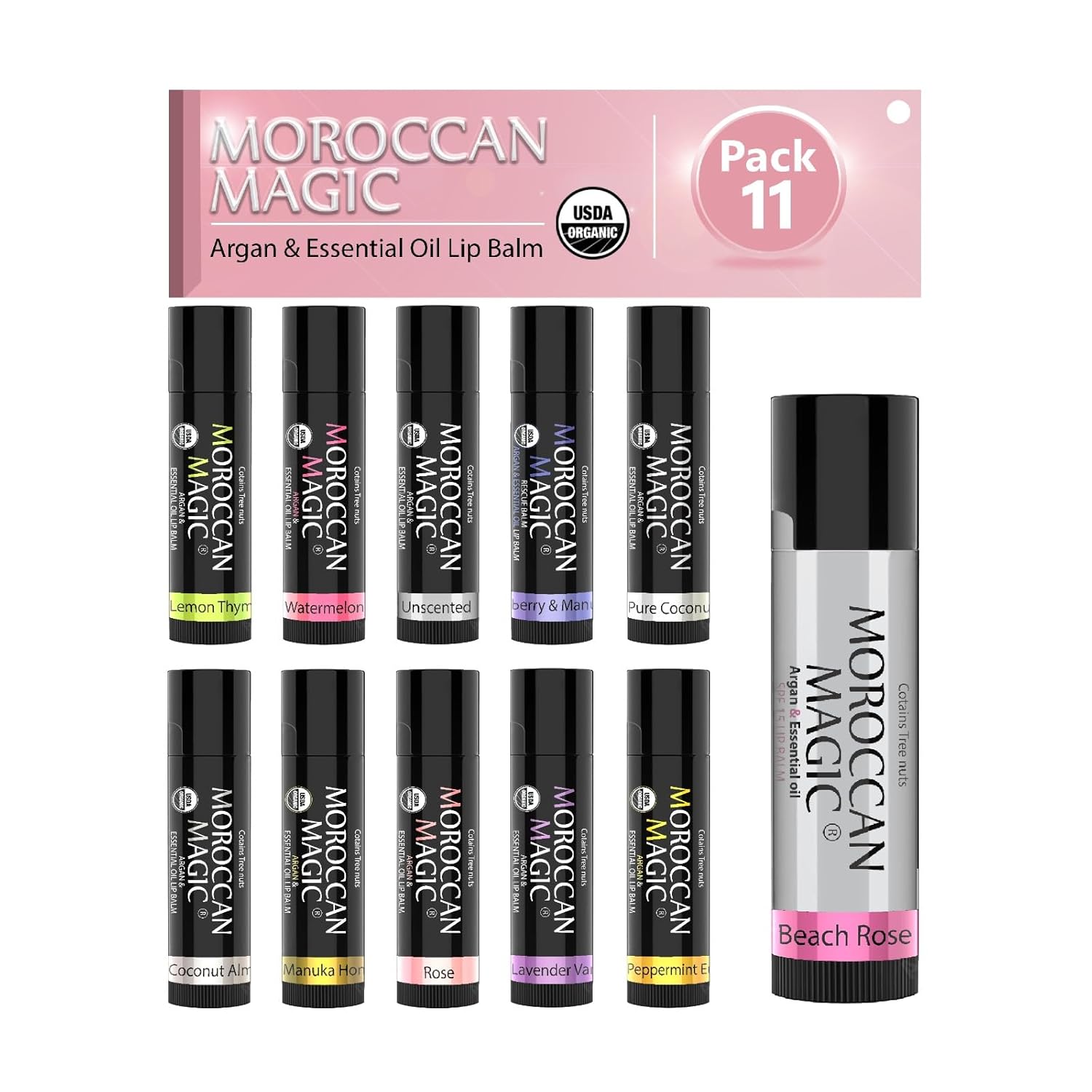 Moroccan Magic Bálsamo labial orgánico y SPF15 paquete variado de 11 piezas  Argán orgánico y aceites esenciales  Suave  Natural  No tóxico  Libre