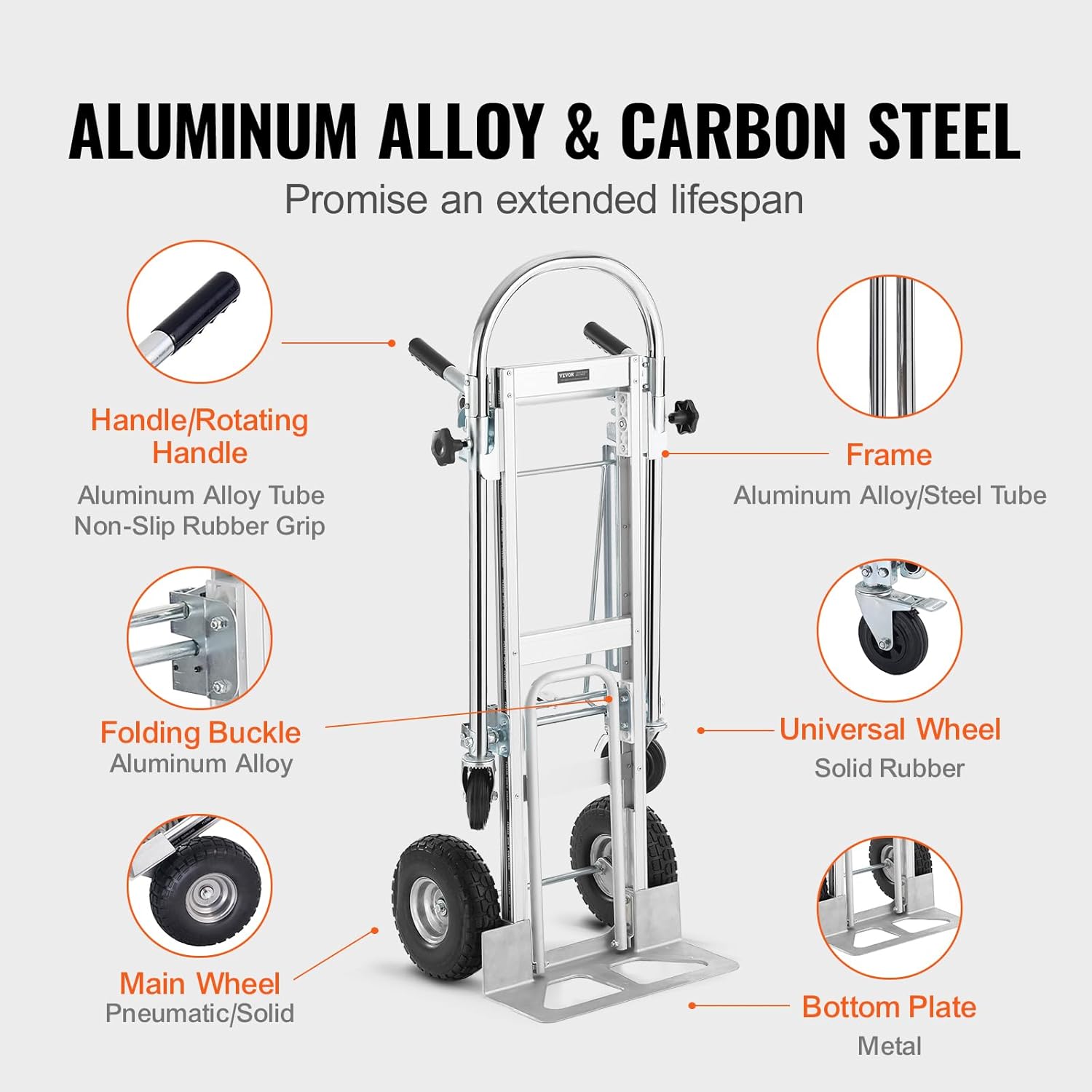 VEVOR Camión de mano plegable de aluminio, diseño 4 en 1 con capacidad de 1000 libras, carrito plegable industrial resistente, carrito de ruedas de