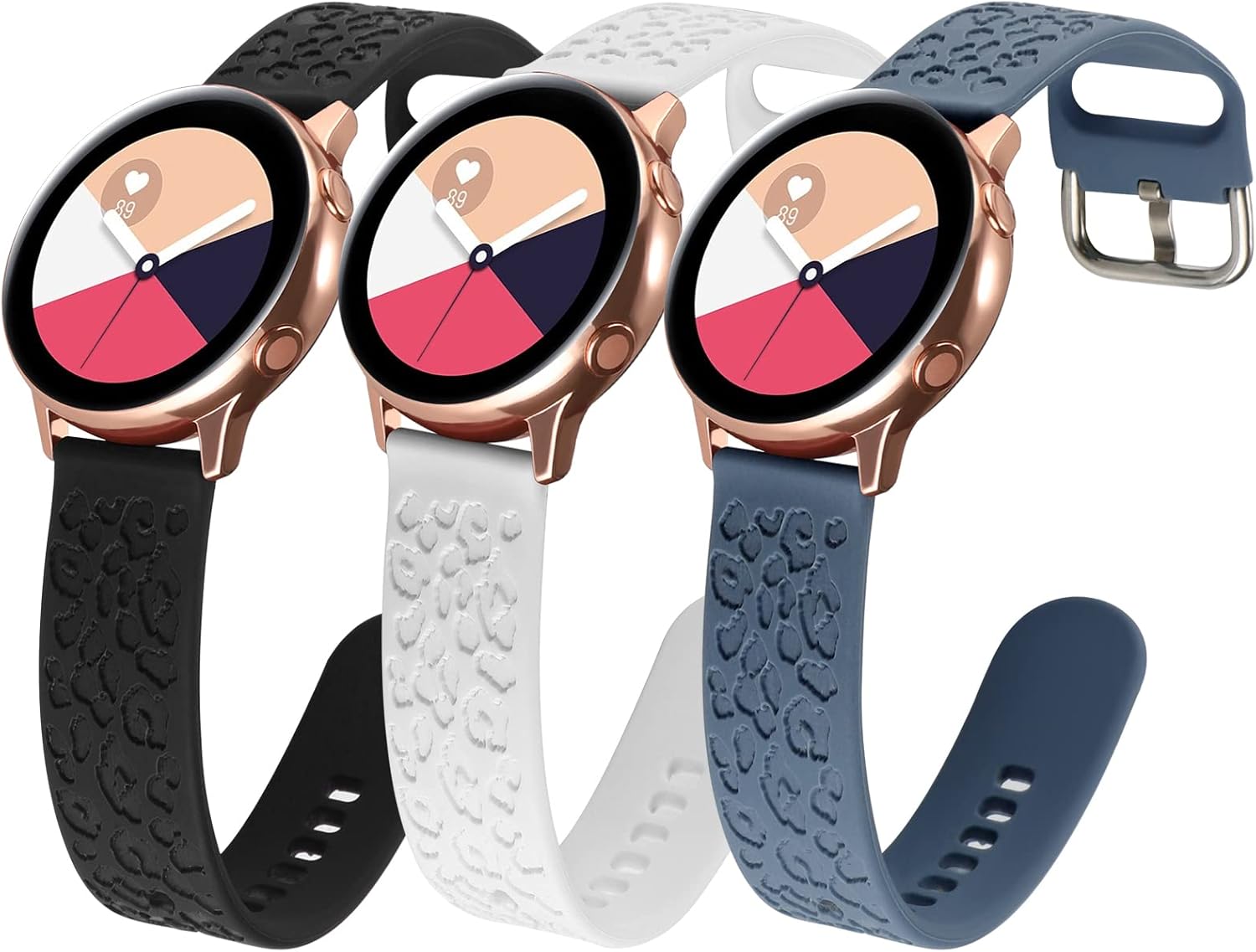 Paquete de 3 correas grabadas de guepardo compatibles con Samsung Galaxy Watch 4 de 1.575in, 1.732in, Watch 3 de 1.614in, Active 2, 1.575in,