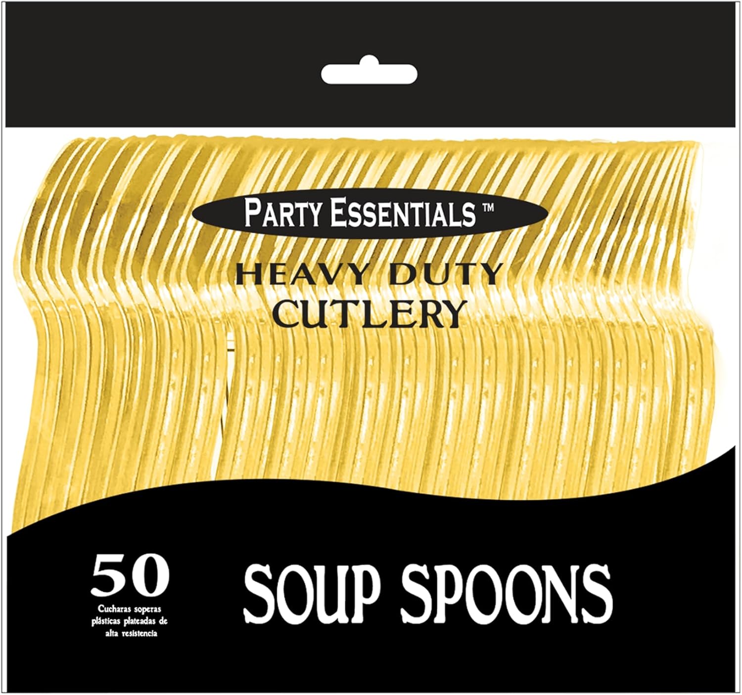 Party Essentials Cubiertos de plástico desechablescubiertos de alta resistencia para todos los eventos, 50 unidades, cucharas de sopa de oro