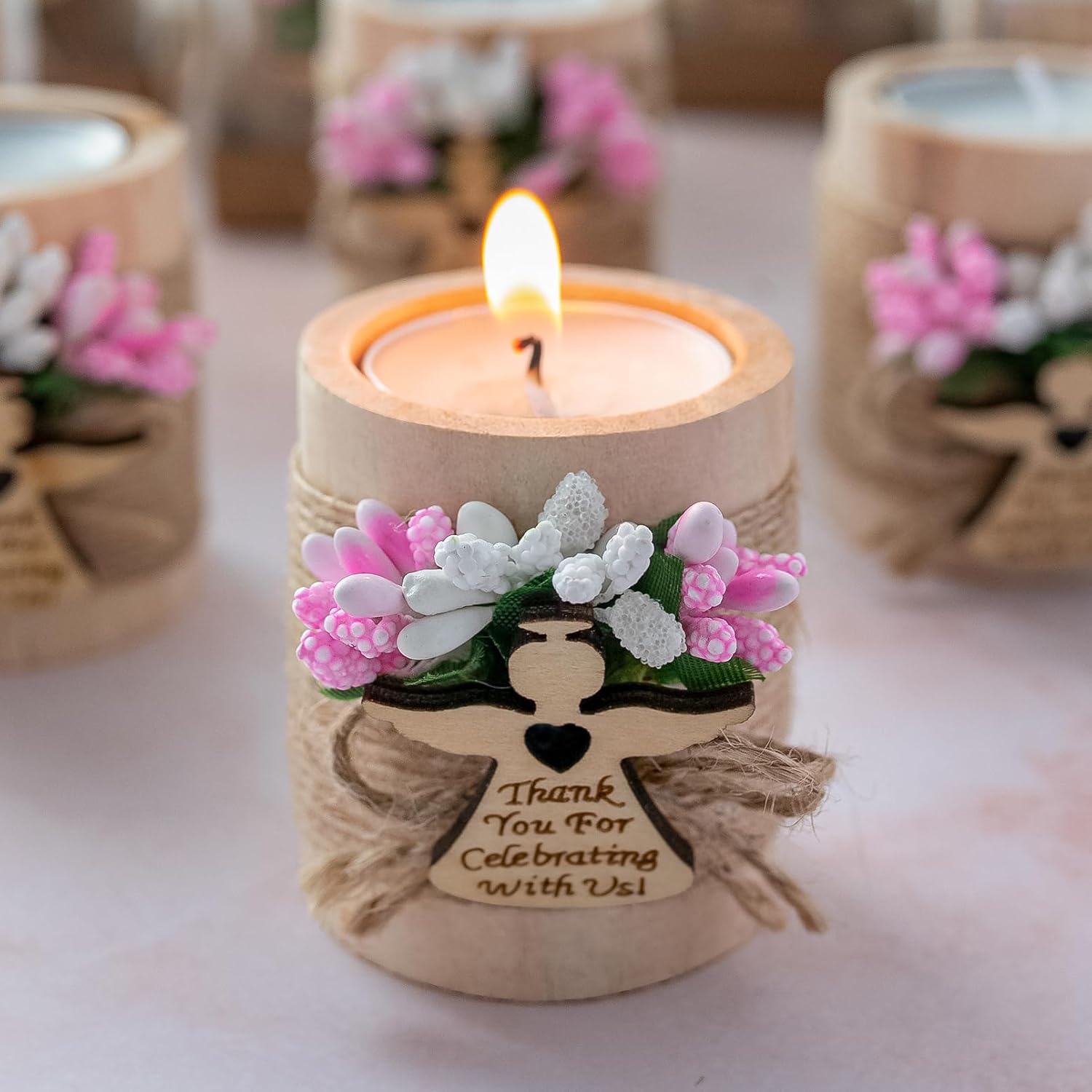Ju’s Favors Pack of 10 Wood Tealight Candle Holder,Baptism Gifts for Girl, Communion Favors for Guests, First Communion Gift, (Light-pink angel)