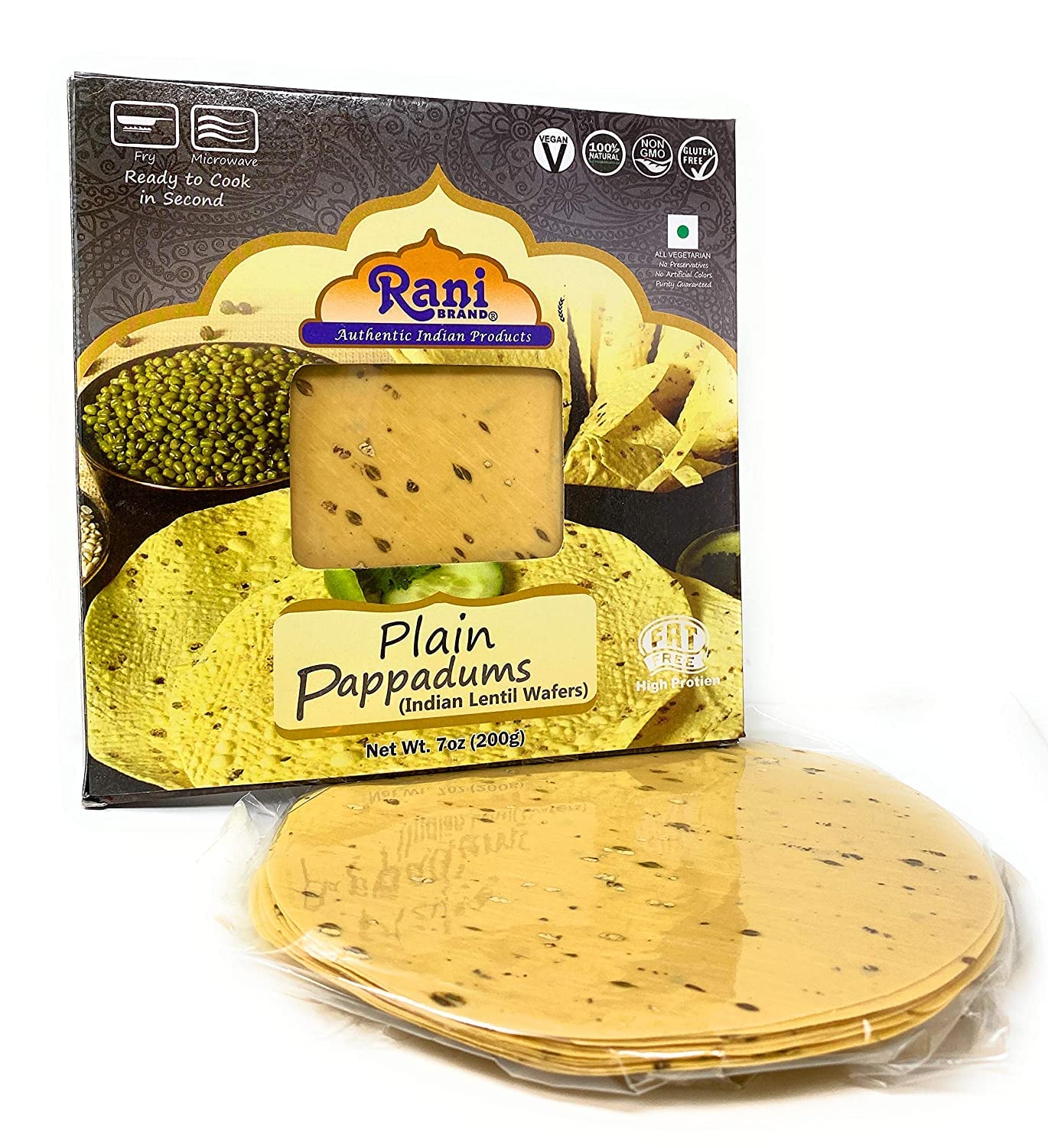 Rani Pappadums (aperitivo de oblea de lentejas indias) Papad liso 7 onzas (7.05 oz) aproximadamente 15 unidades, 7 pulgadas  Todo natural  Apto para