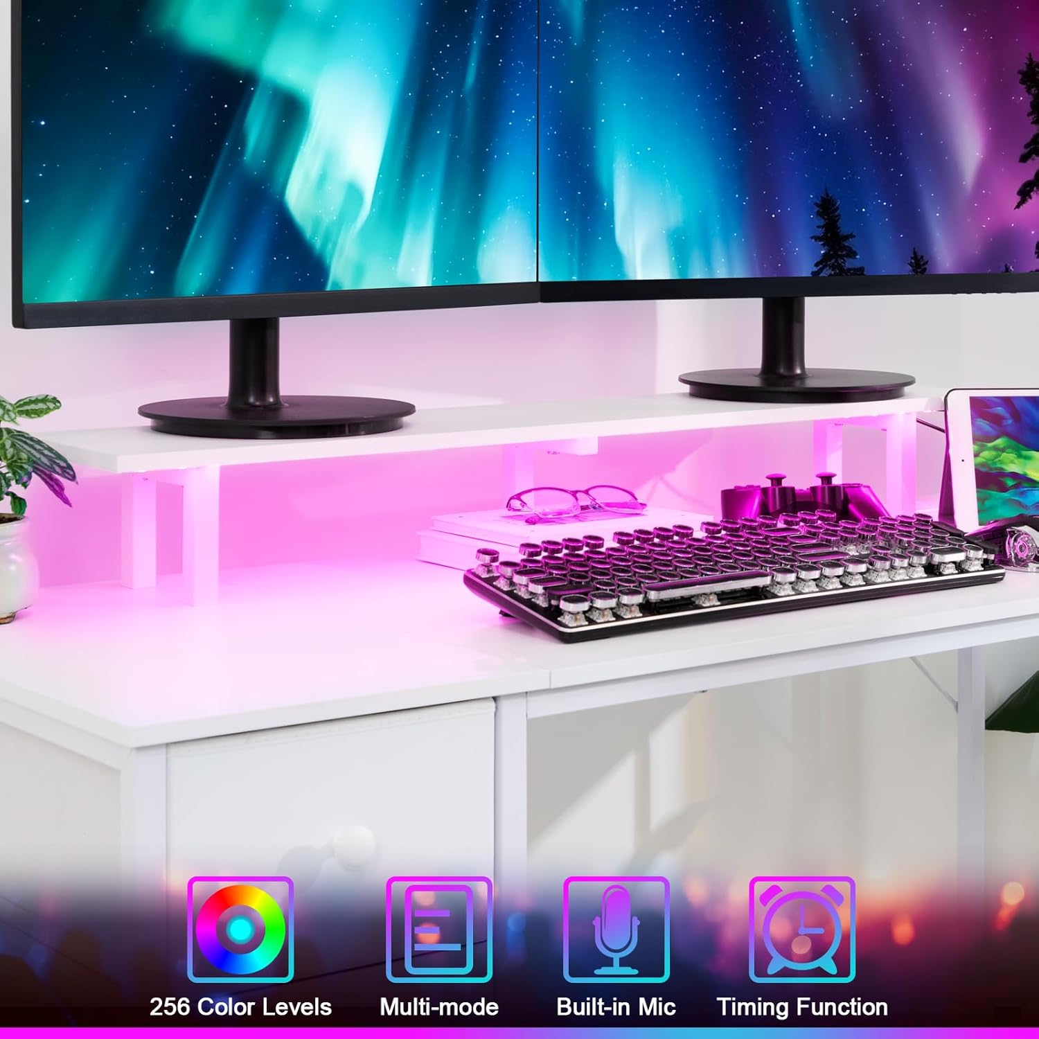 HGD14WT – Escritorio blanco para computadora con luz LED y tomas de corriente, escritorio de juegos de 55 pulgadas con 4 cajones de tela, escritorio