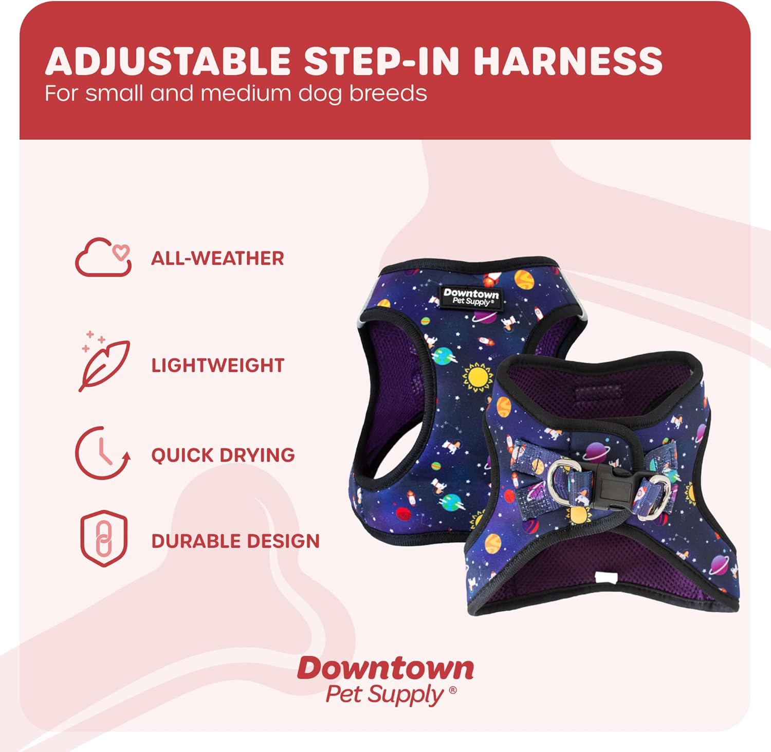 Downtown Pet Supply – Arnés ajustable para perros pequeños, antitirones, XS, diseño espacial, tela de malla acolchada y borde reflejante, arnés de