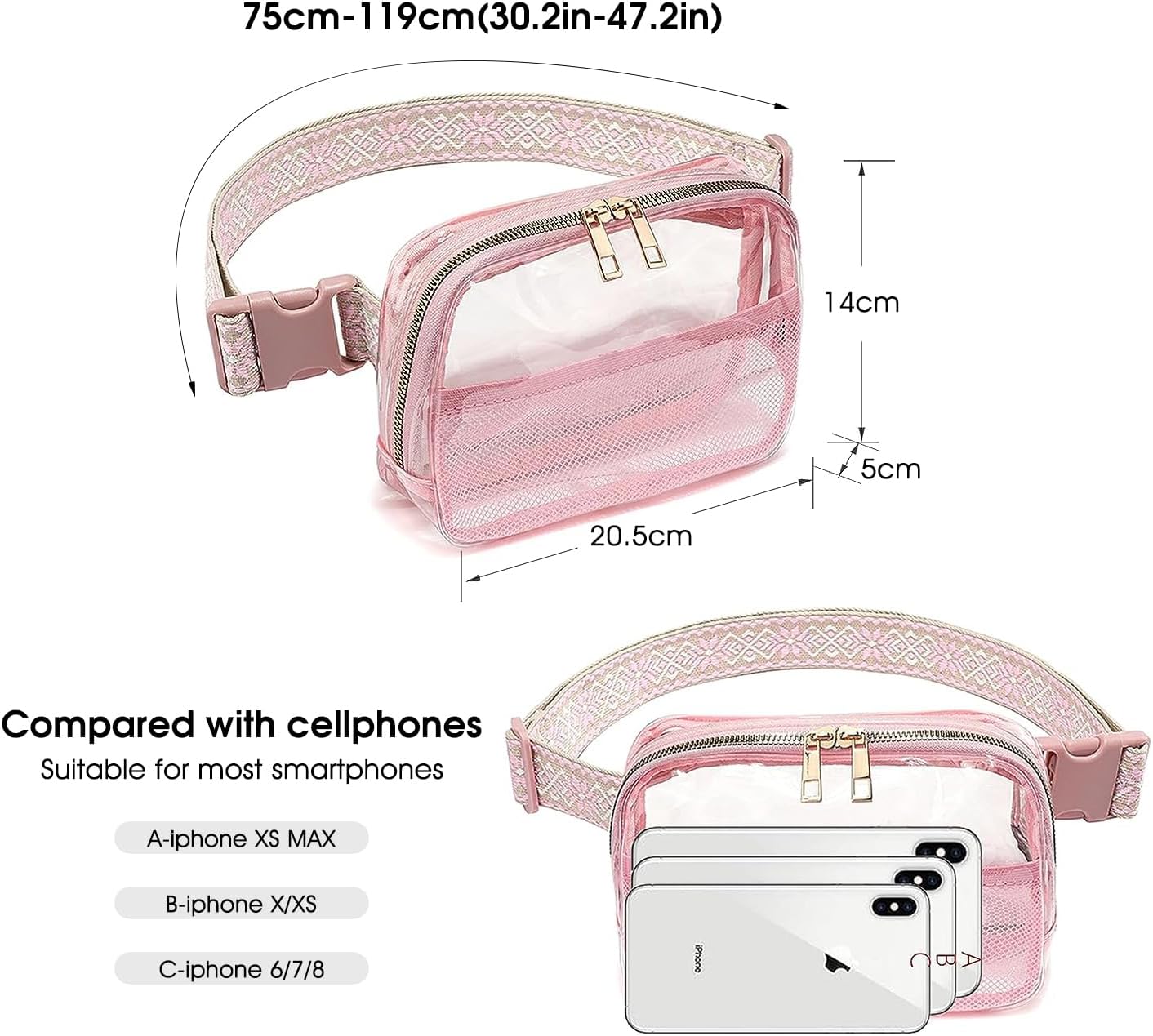 Riñonera transparente aprobada para mujeres y hombres con correa ajustable, bolsa cruzada transparente para conciertos, deportes, viajes,