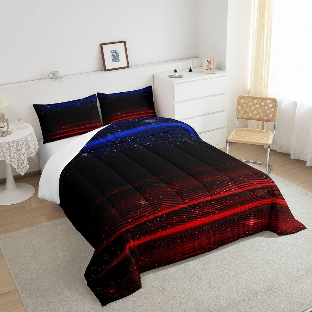 Juego de edredón degradado, juego de ropa de cama con degradado azul, rojo y negro, tamaño King, edredón de plumón con estrellas y cielo estrellado,