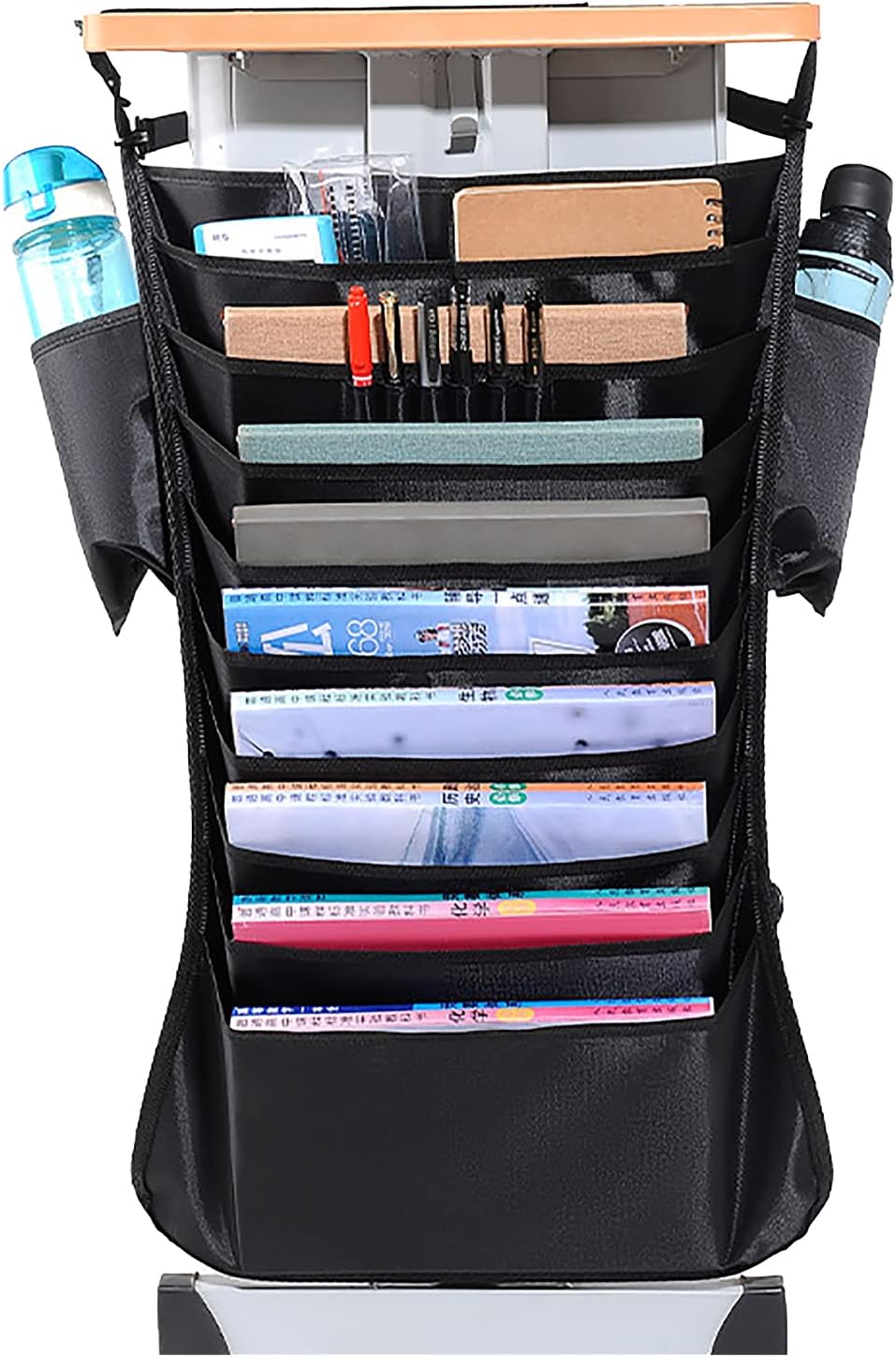 Bolsa de almacenamiento para libros colgante lateral de escritorio para estudiantes, Oxford grande, 13 bolsillos, organizador multifunción para