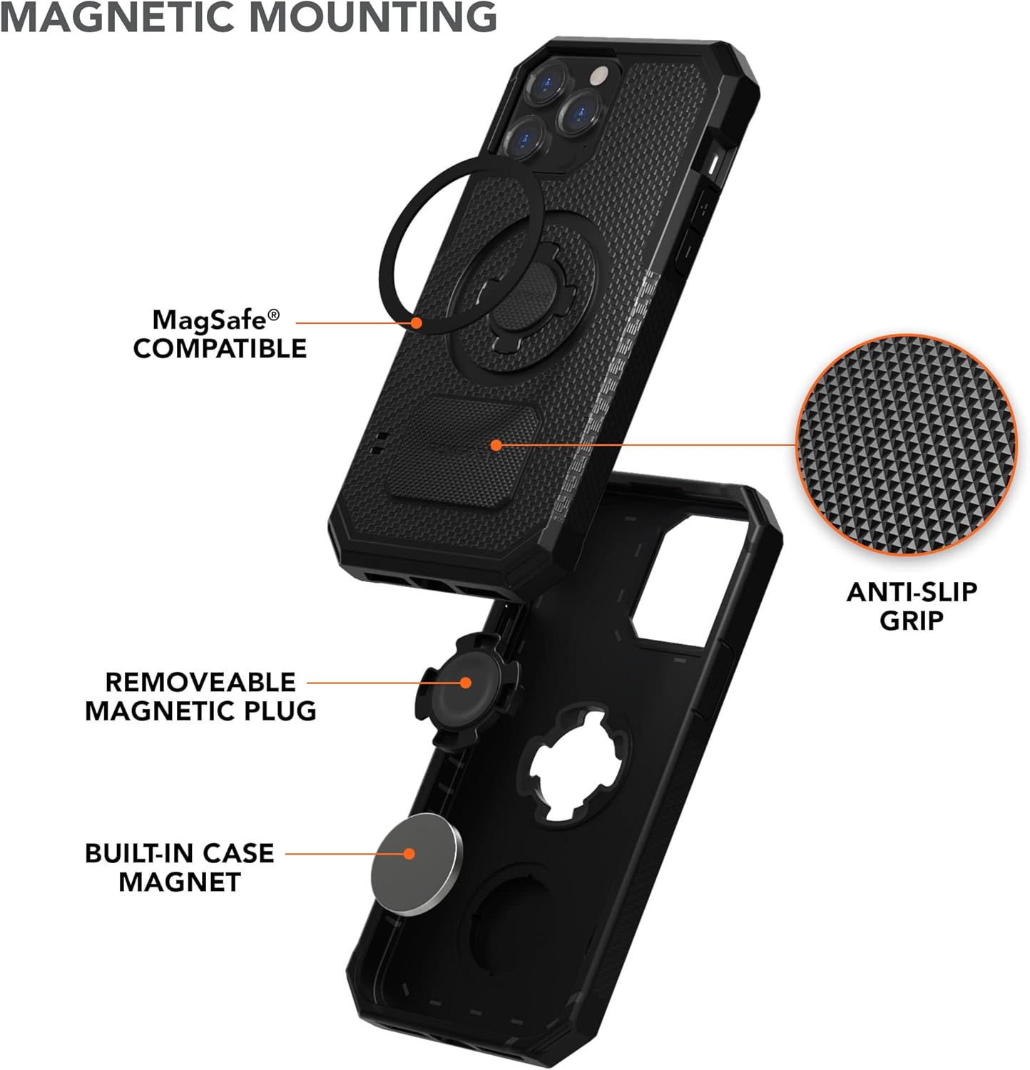 Rokform – Funda resistente para iPhone 13 Pro Max + soporte de teléfono para manillar de motocicleta (negro)