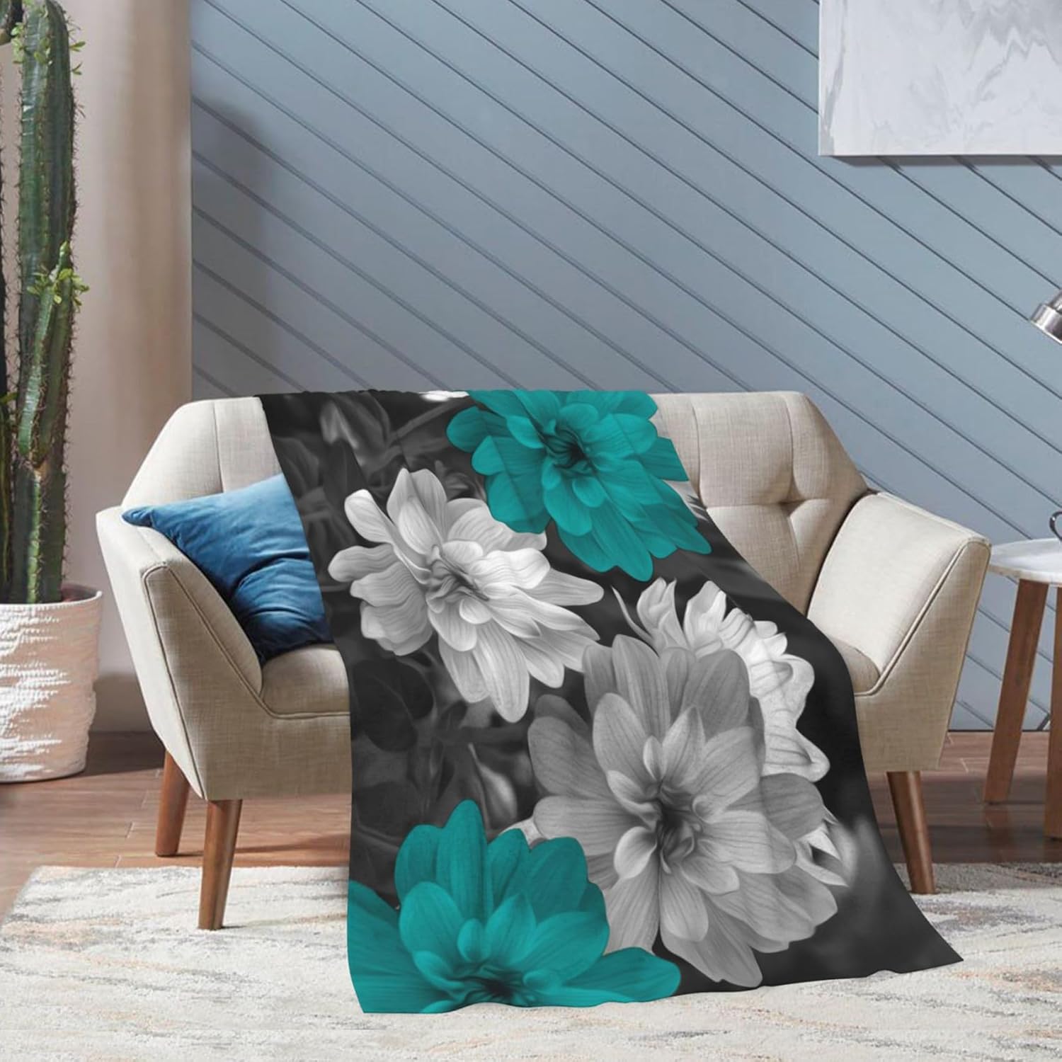 Manta floral gris verde azulado, manta de flores verde azulado para sofá cama, manta suave y mullida de franela verde azulado para cama, sofá,