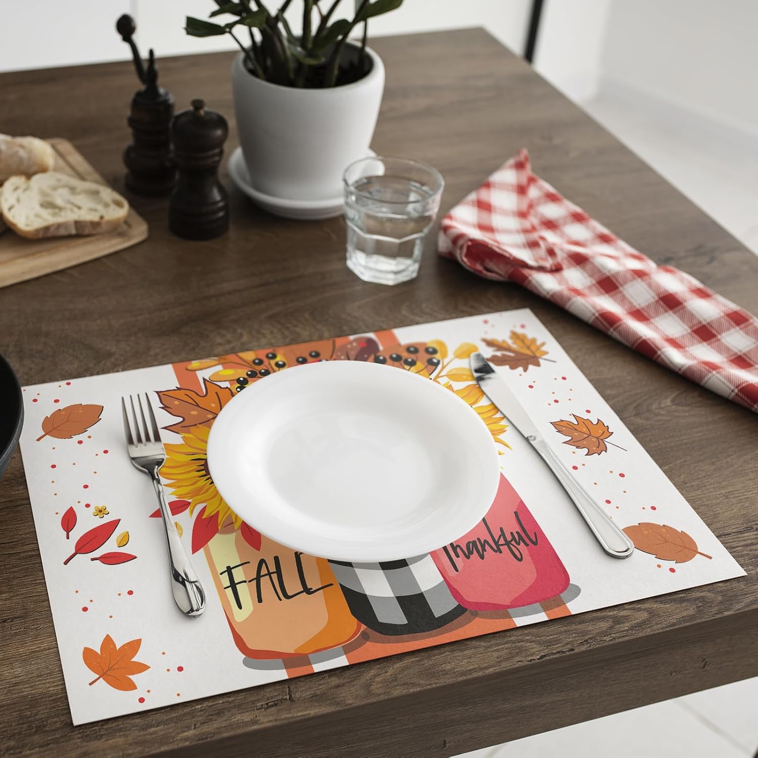 Juego de 4 manteles individuales con texto en inglés Hello Fall, crisantemo en frasco, cosecha de temporada, granja, Acción de Gracias, cocina,