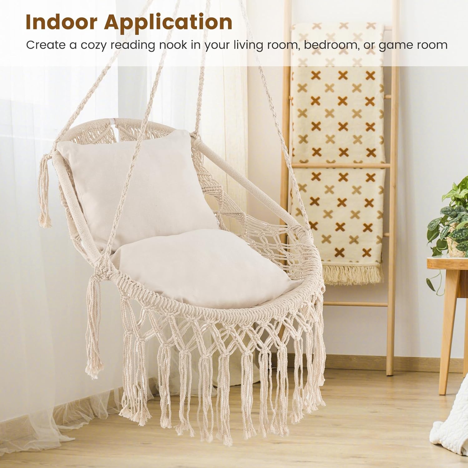 Tangkula Silla hamaca colgante, hamaca de estilo bohemio con 2 cojines suaves, borlas, accesorios de montaje, silla colgante de cuerda de algodón