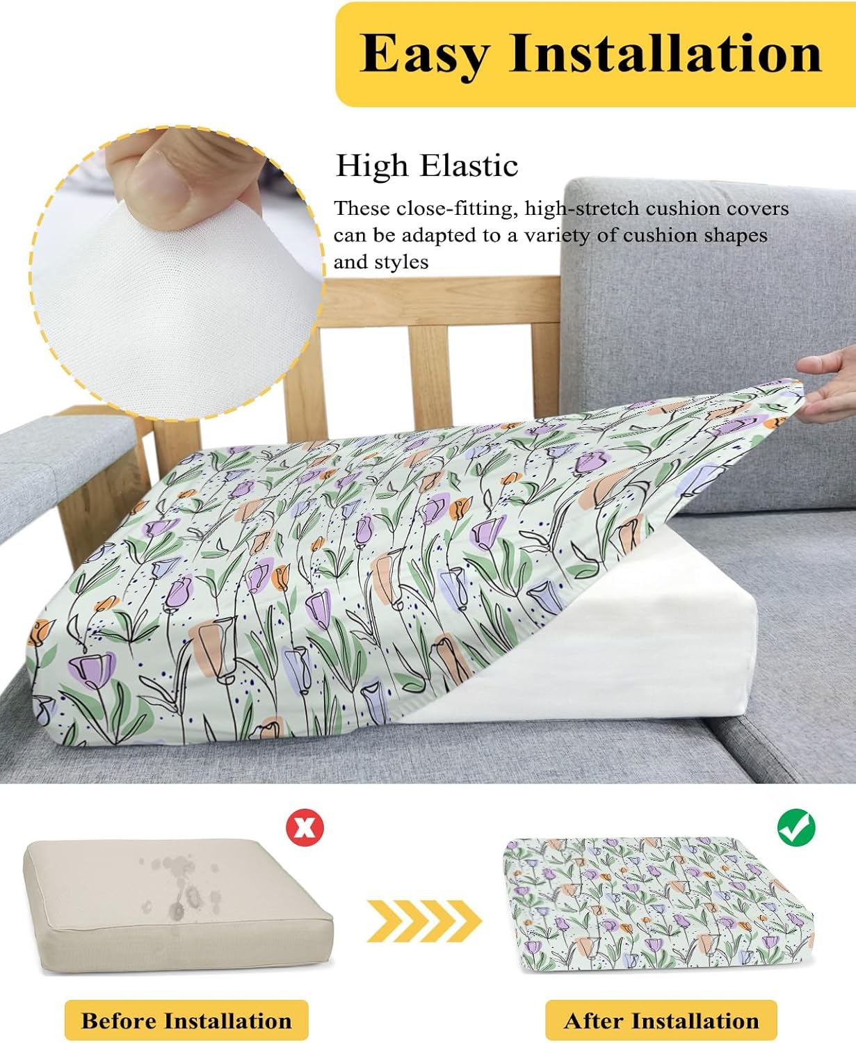 Prime Leader Fundas de cojín para sofá, fundas elásticas para sofá, diseño de primavera pintadas a mano con flores simples y tulipanes, fundas