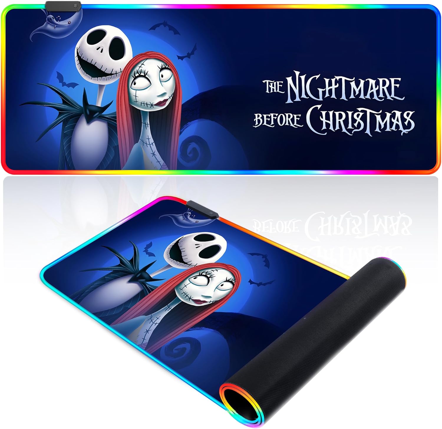 Alfombrilla de mouse RGB con diseño de calavera RGB, El extraño mundo de Navidad con 14 modos de iluminación, alfombrilla antideslizante para
