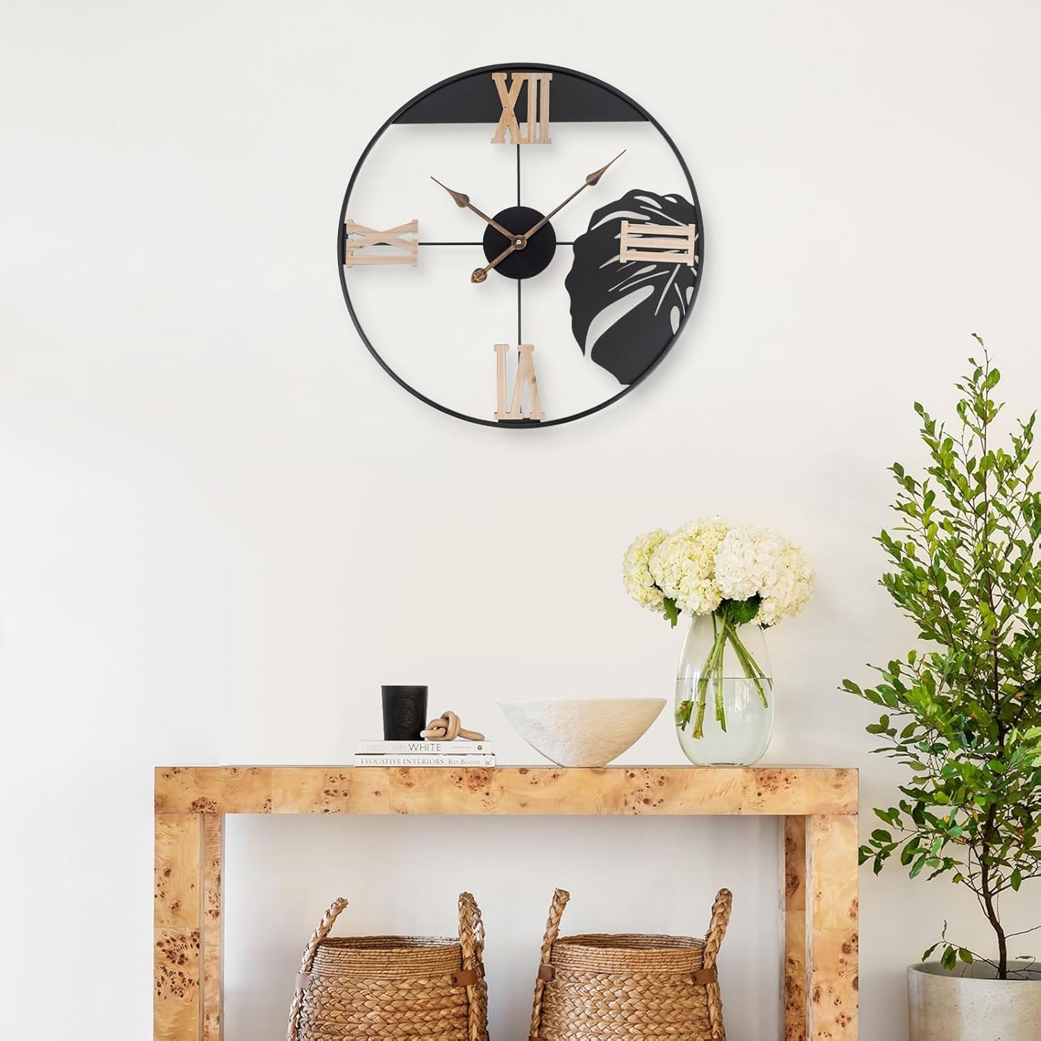 Reloj de pared de hoja de metal grande, reloj de pared analógico silencioso de 24 pulgadas con números romanos de madera, reloj analógico colgante