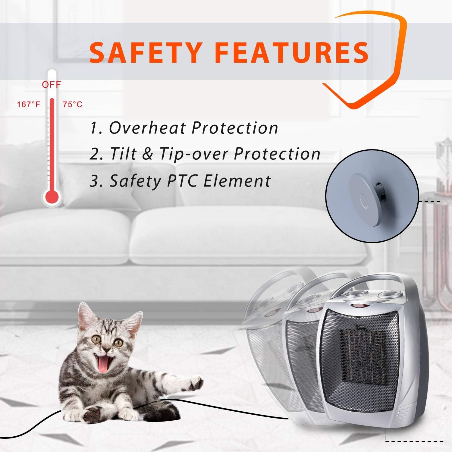 Calentador eléctrico Smart Space, termostatodetección de temperaturatemporizador ajustable, calentamiento rápido, calentador de ventilador portátil