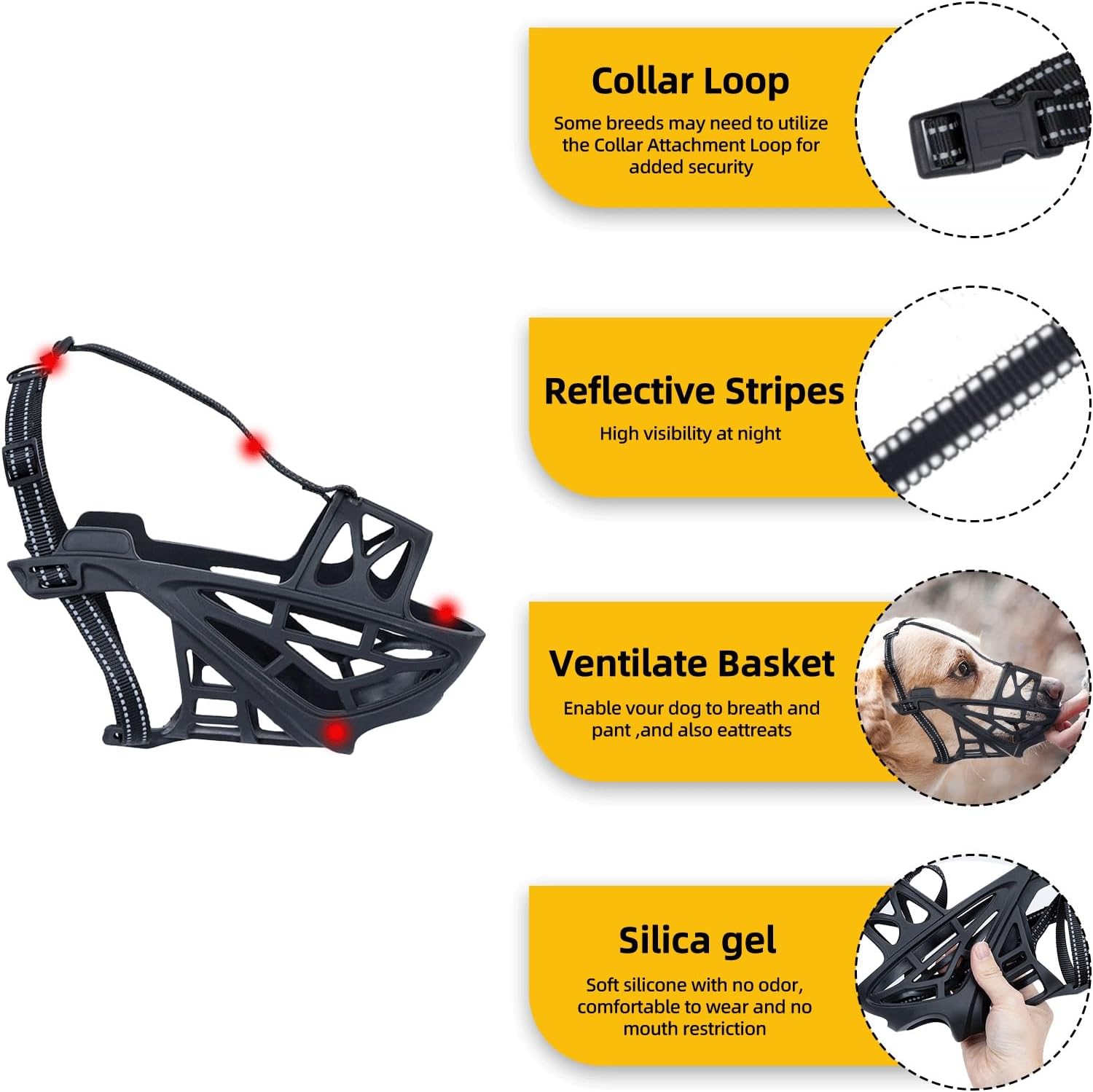 Bozal de silicona suave para perros  Evita morder, masticar y ladrar  Permite beber y jadear  Uso con collar  Bozal seguro y cómodo (negro, mediano)