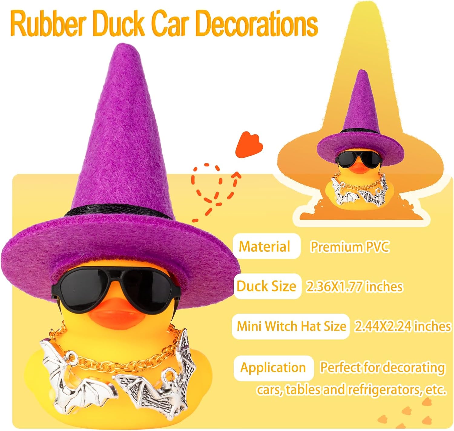 MuMyer Patos de Halloween para automóvil, paquete de 2 adornos de goma para automóvil, pato amarillo, decoración de tablero de automóvil con