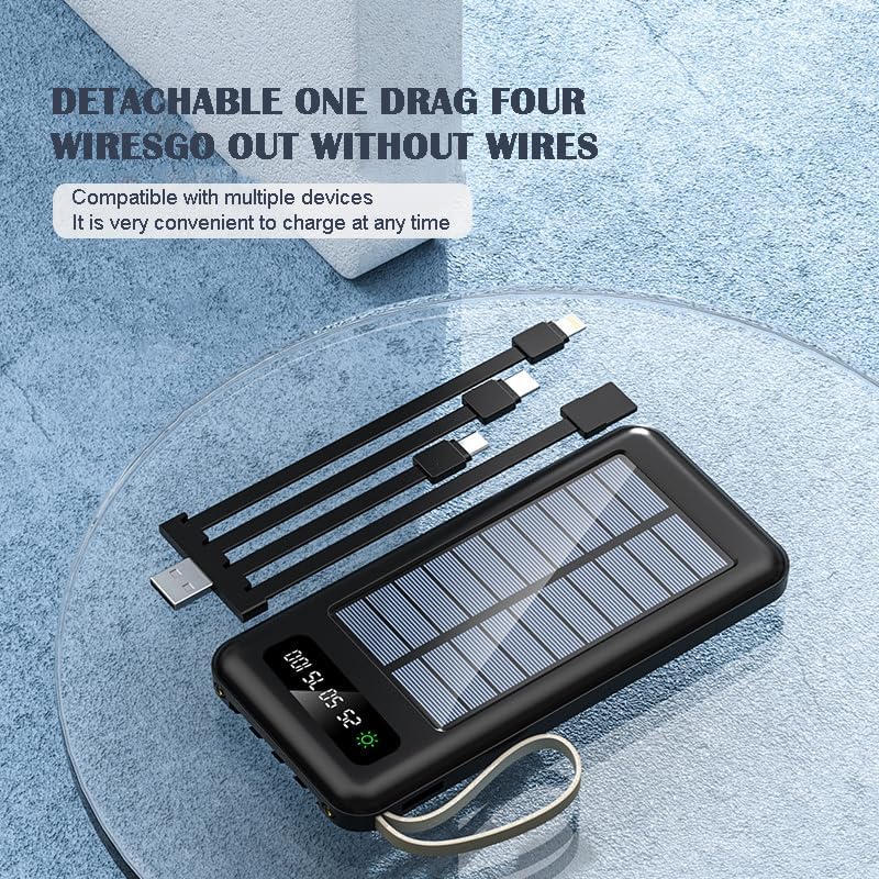 Banco de energía solar de 20000 mAh, con cable de carga 4 en 1, panel solar de carga rápida y carga USB, linterna súper brillante incorporada