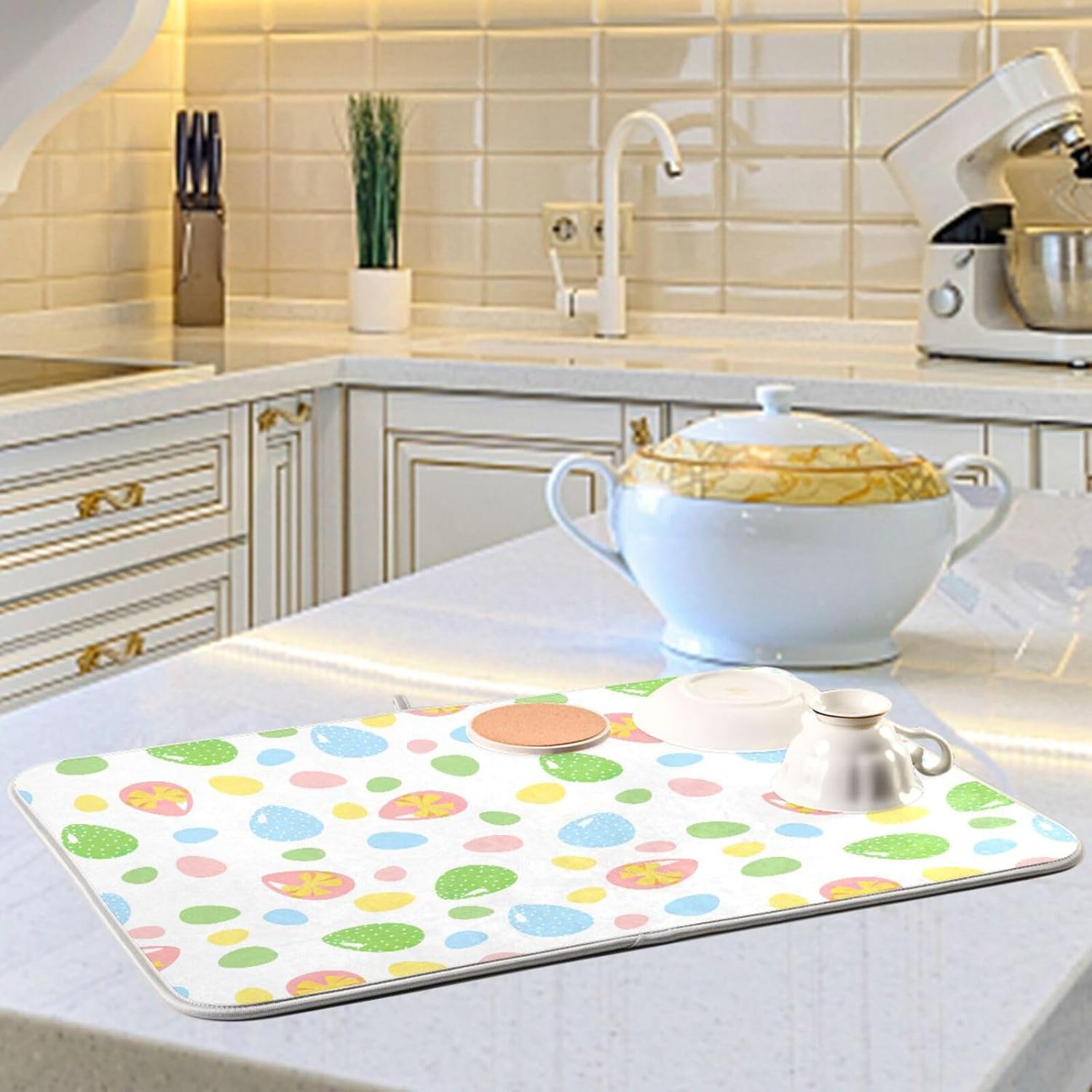 Easter Cute Colored Eggs Dish Drying Mat Washnable Absorbent Kitchen Counter Accessories Countertop Drying Mat Tapete Para Cocina 16” x 18”