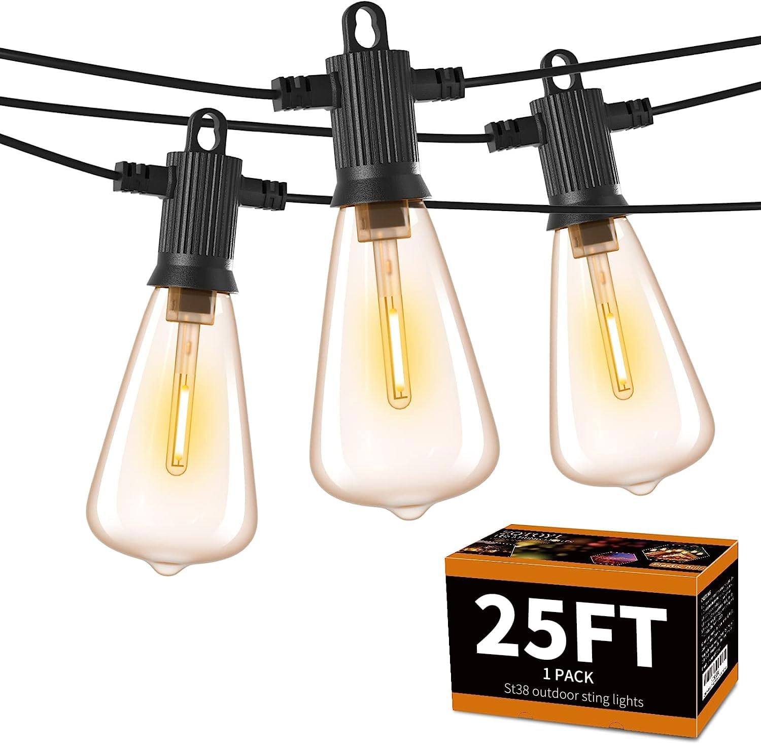 ZOTOYI Tira de luces para exteriores de 25 pies, impermeable, IP65, con 13 bombillas LED ST38 inastillables (1 repuesto), luces colgantes exteriores