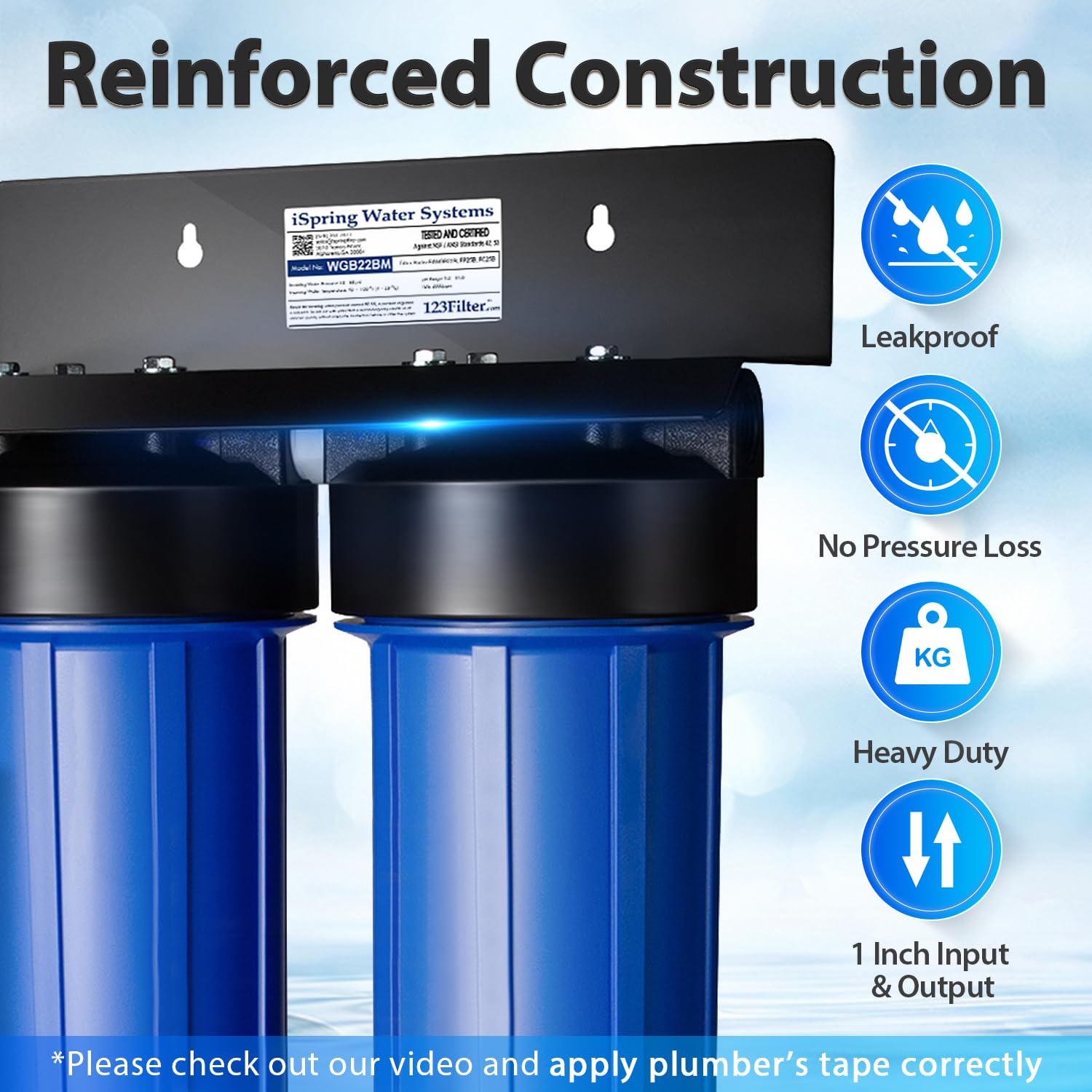 iSpring WGB22BM Sistema de filtración de agua de 2 etapas para toda la casa con bloque de carbono de 20 x 4.5 pulgadas y filtros reductores de