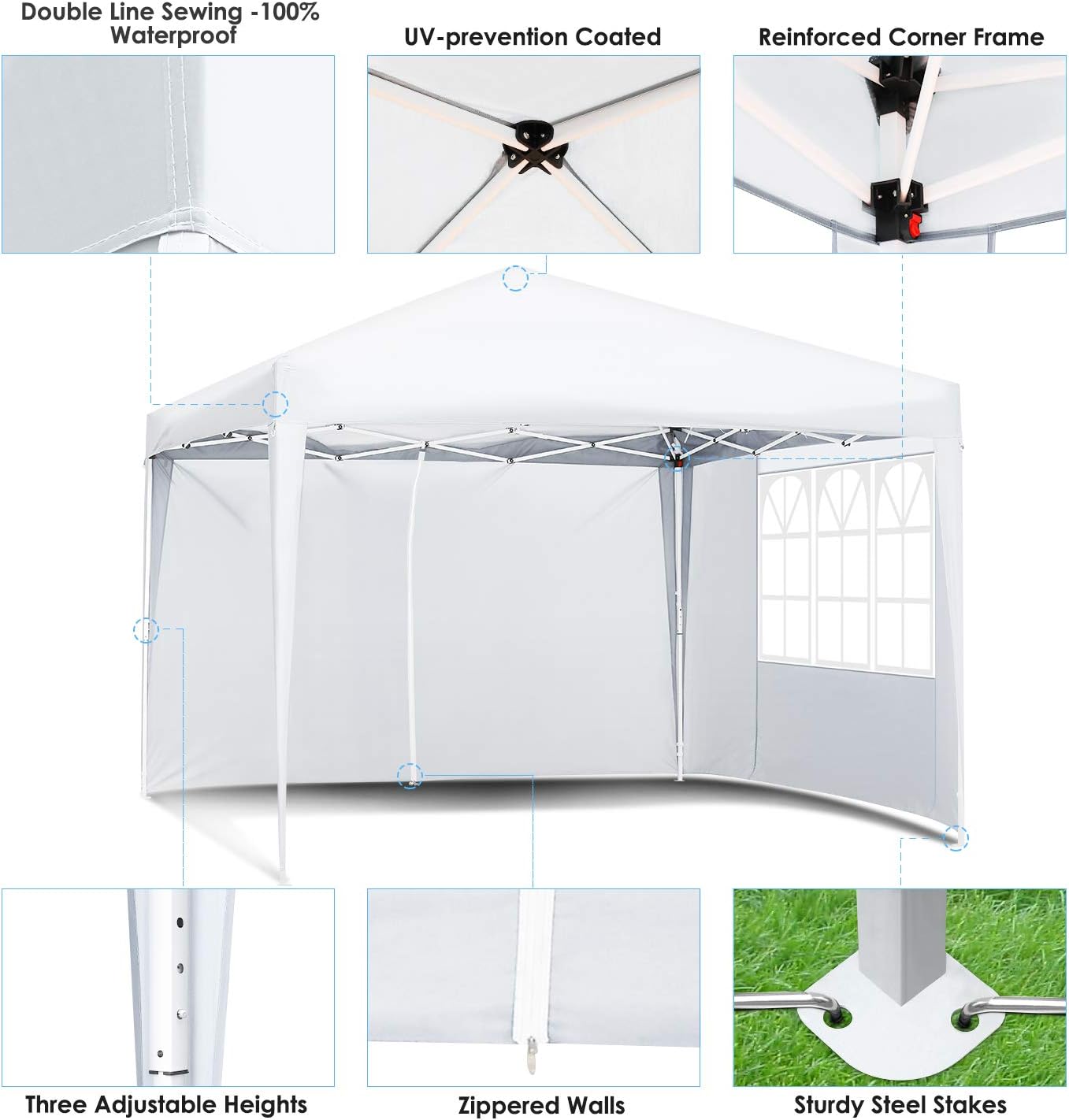 Tienda de campaña desplegable de 10 x 10 pies, refugio instantáneo comercial portátil, altura ajustable, para eventos al aire libre, con 4 paredes