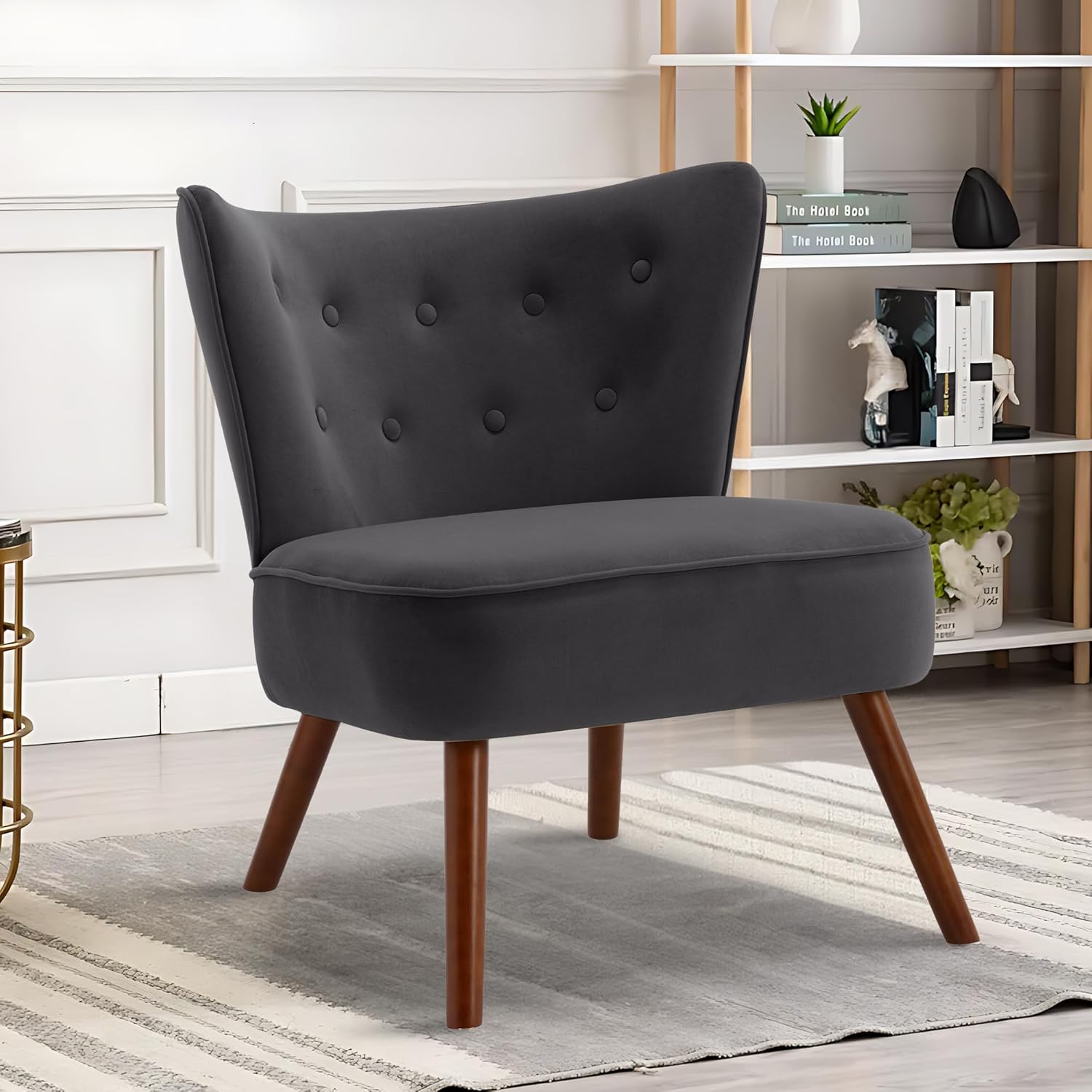 Silla decorativa de terciopelo moderna de mediados de siglo, silla de sala de estar sin brazos con patas de madera, silla de club con respaldo