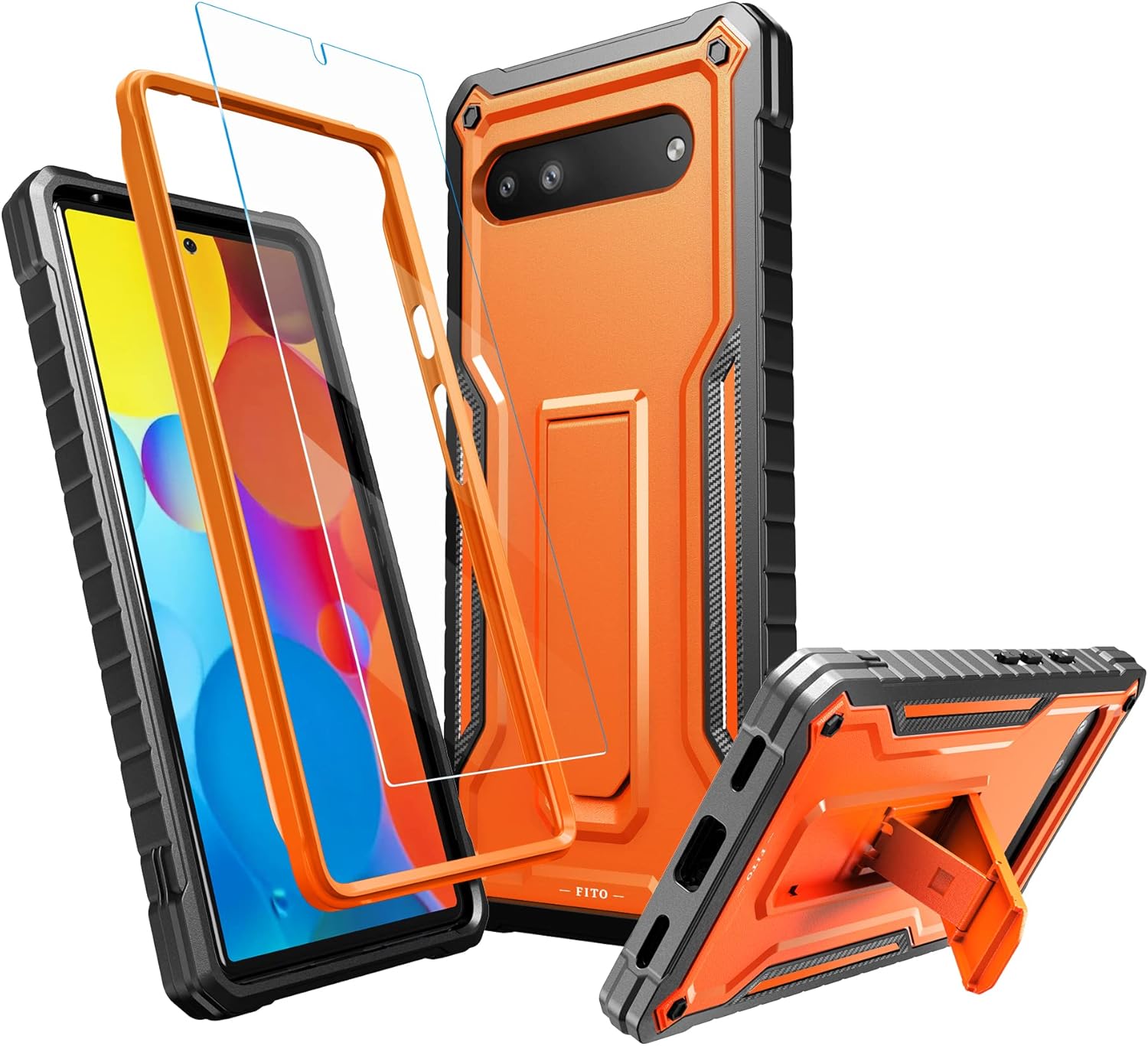 FITO Funda para Google Pixel 6A, funda resistente a prueba de golpes de doble capa con protector de pantalla de vidrio templado con soporte