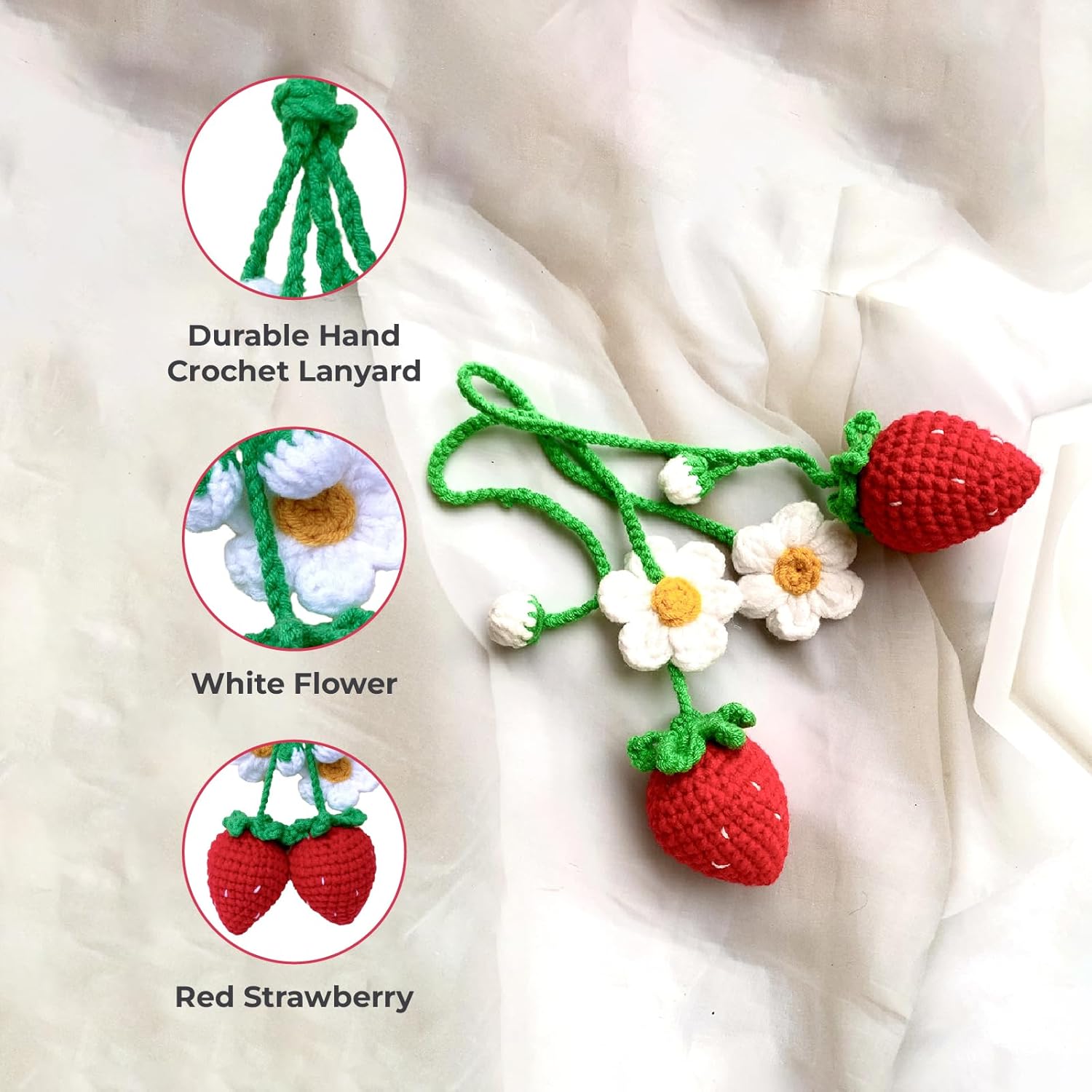 2 Handmade Crochet Strawberry Ornaments, Strawberry Accessories car, Cute Car Accessories for Rear View Mirror, Hanging Car Charm For Women Like