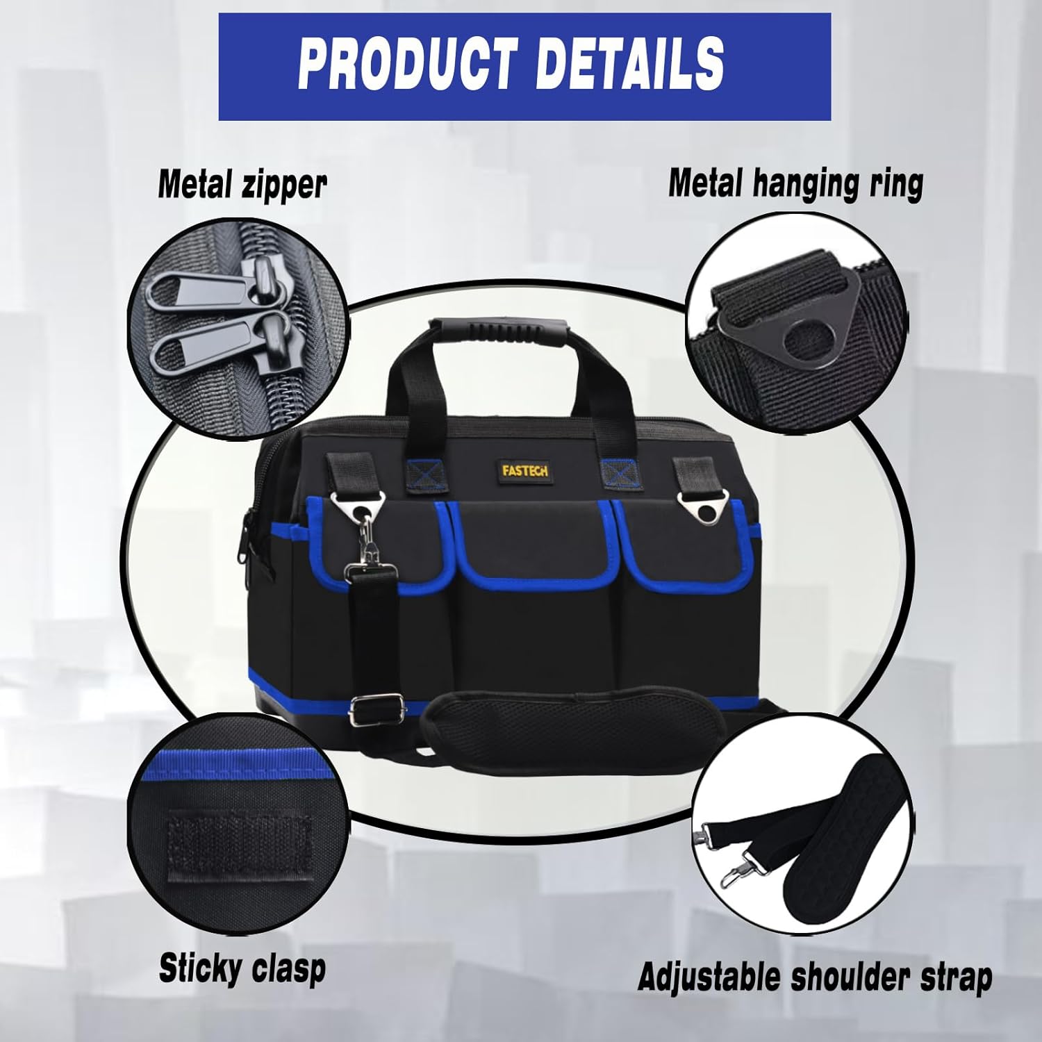 Bolsa de herramientas de 22 pulgadas, kit de herramientas de boca ancha impermeable, organizador de bolsa de herramientas resistente con correas