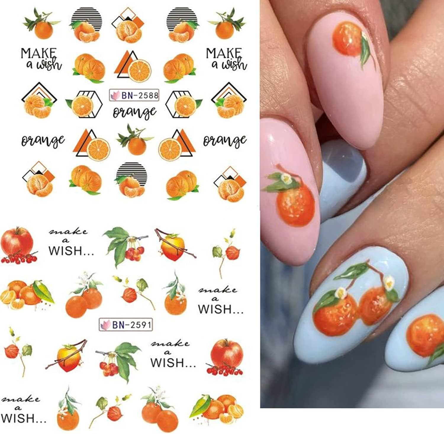 12 hojas de calcomanías para uñas de frutas, manzana, naranja, melocotón, sandía, diseño, transferencia de agua, calcomanías holográficas, arte de