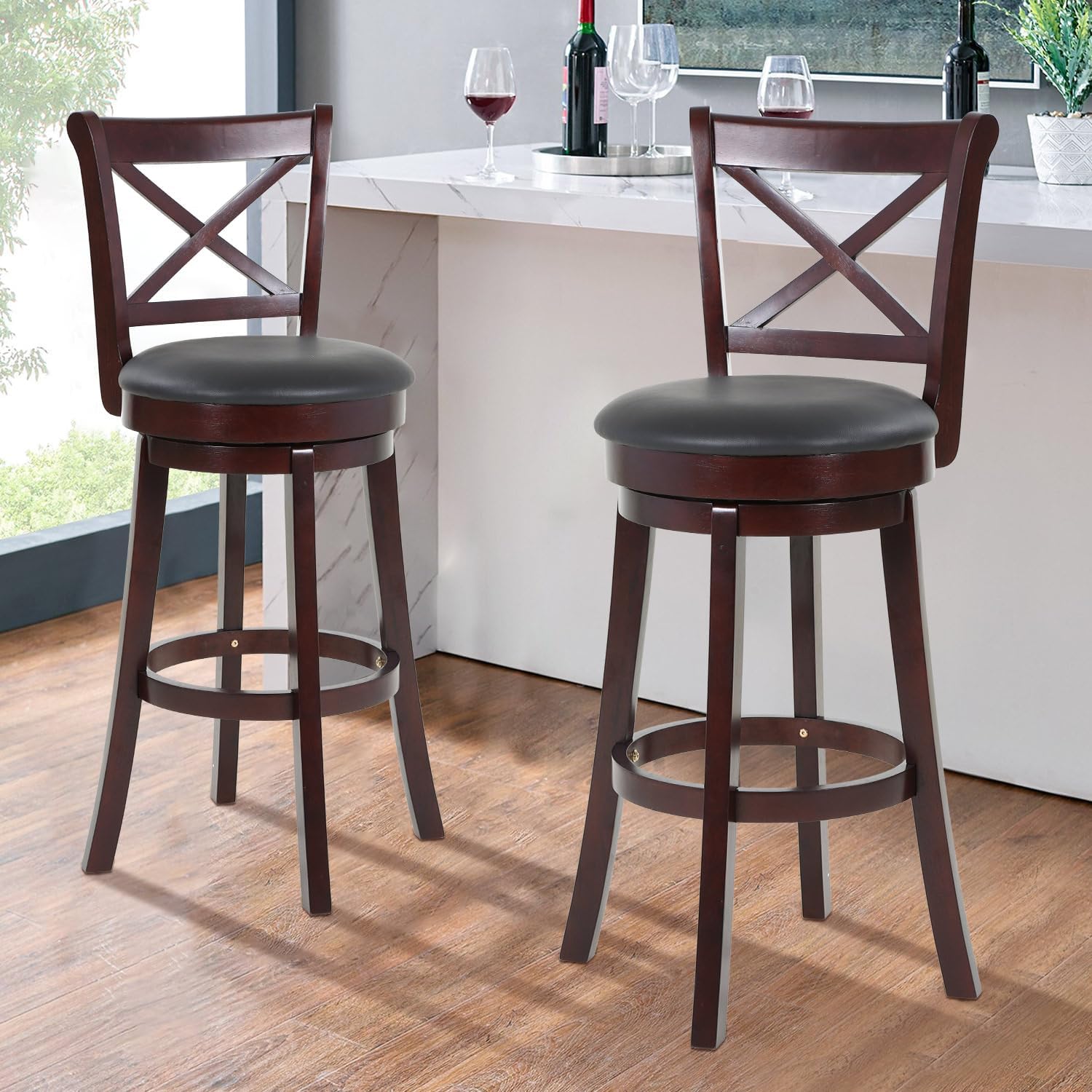 Taburetes de bar de altura de mostrador, taburetes de bar para isla de cocina, taburetes de mostrador de cuero sintético con respaldo bajo de madera