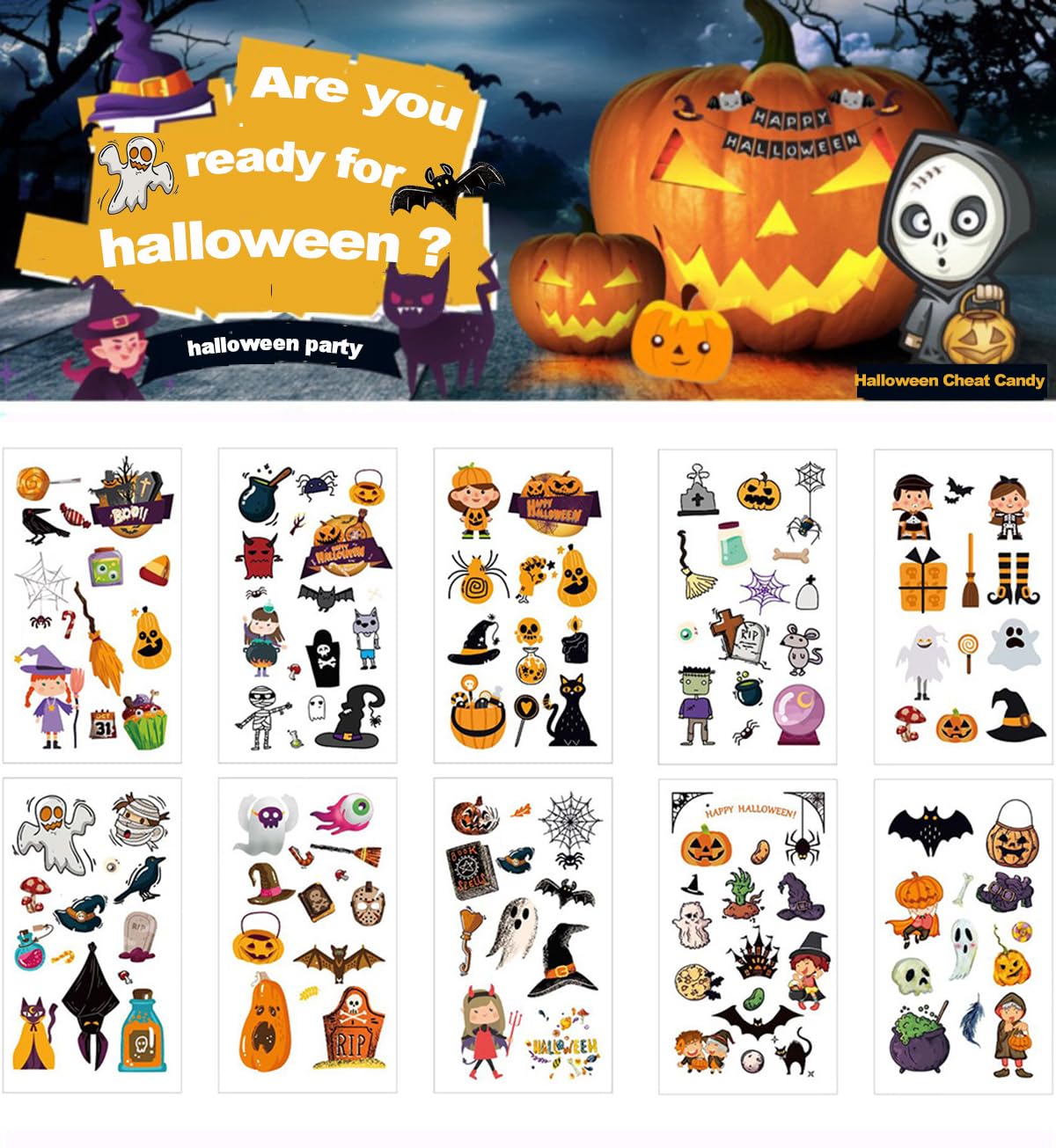 Kit de tatuaje temporal de Halloween de 10 piezas de calcomanías de tatuaje de transferencia de agua de dibujos animados  WLGDLH 10 diferentes