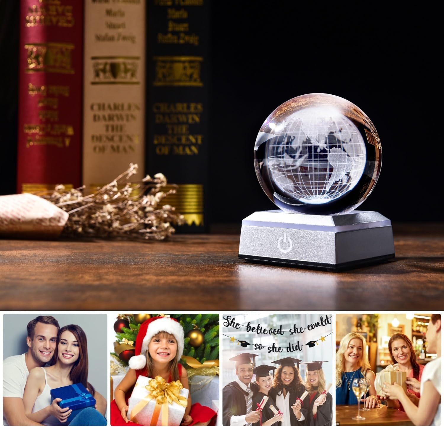 Bola de cristal 3D, lindo modelo de día de sonrisa de oso, con luz colorida, soporte de lámpara LED de 6 colores, decoración divertida de