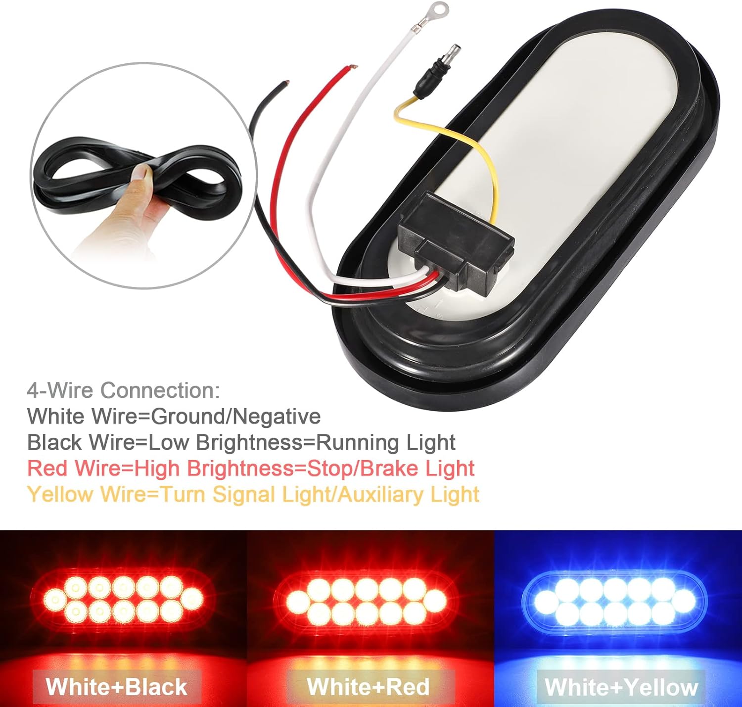 Partsam Juego de 2 luces traseras ovaladas rojas de 6.7 pulgadas y luces auxiliares azules, 12 diodos con ojales de goma y 3 clavijas, luces