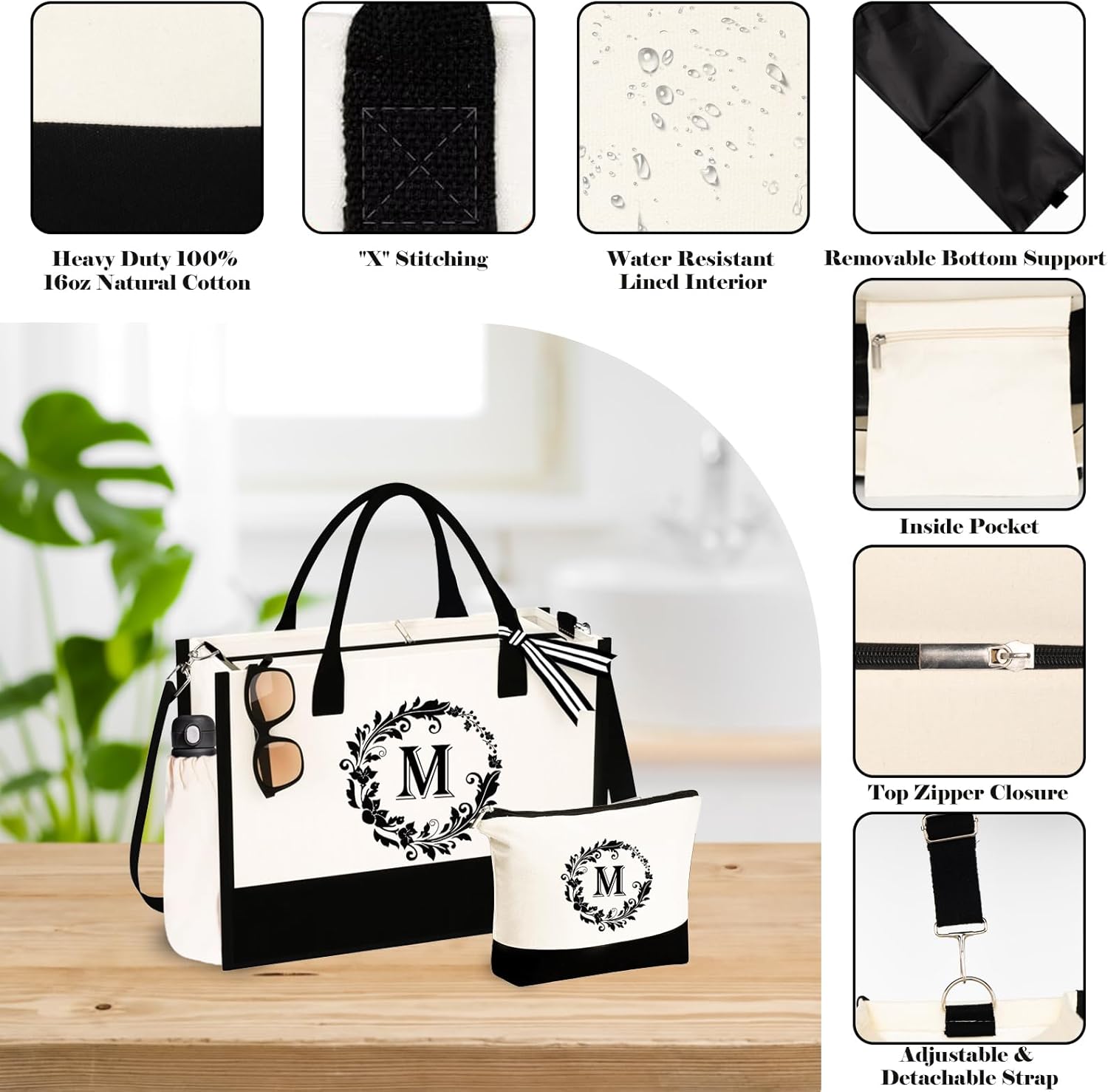 Regalos para el Día de la Madre bolsas de lona con iniciales y maquillaje con correa ajustable, regalos de cumpleaños para el día de la madre para