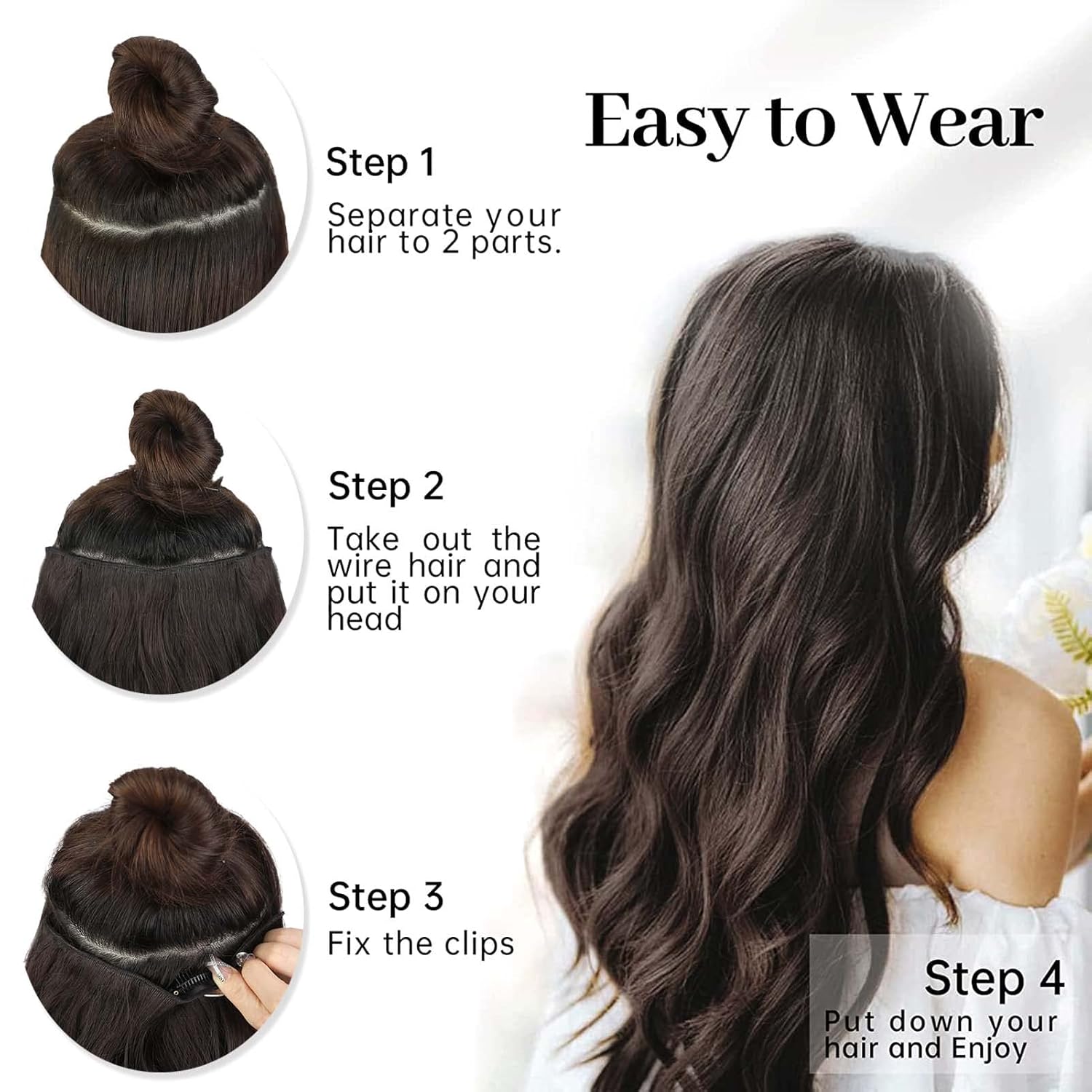Extensiones de cabello sintético largo ondulado de 20 pulgadas con alambre transparente ajustable, con 4 clips seguros, para uso diario en fiestas